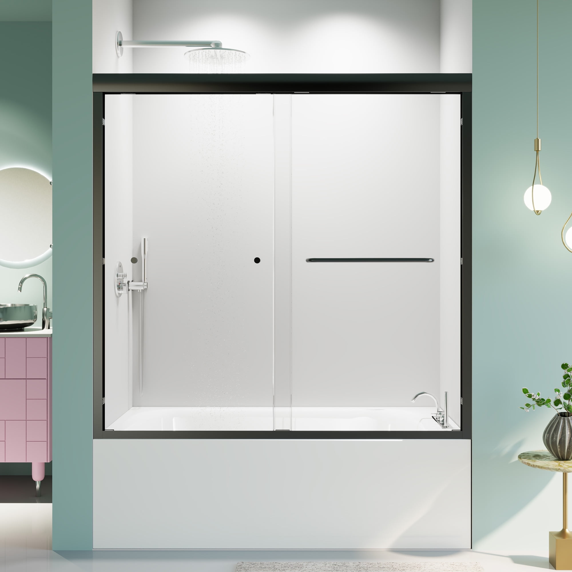 Leumius 56"-60"W*58" H Semi-Frameless Double Sliding Tub Door, Bypass Bathtub Shower, 1/4" (6mm) Thick SGCC Tempered Glass Door, Matte Black