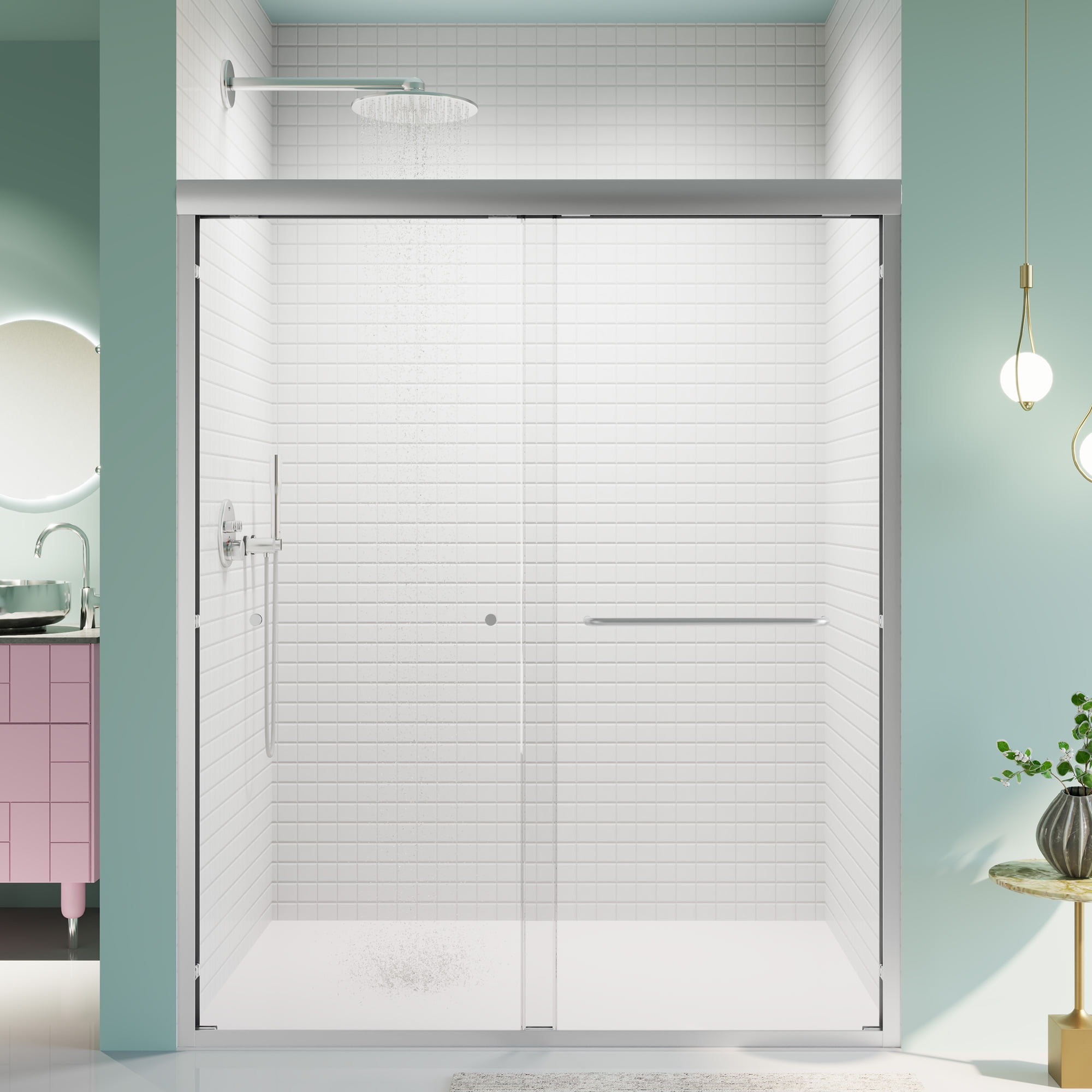 Leumius 56"-60"W*72" H Semi-Frameless Double Sliding Shower Door, Bypass Shower Door, 1/4" (6mm) Thick SGCC Tempered Glass Door, Chrome
