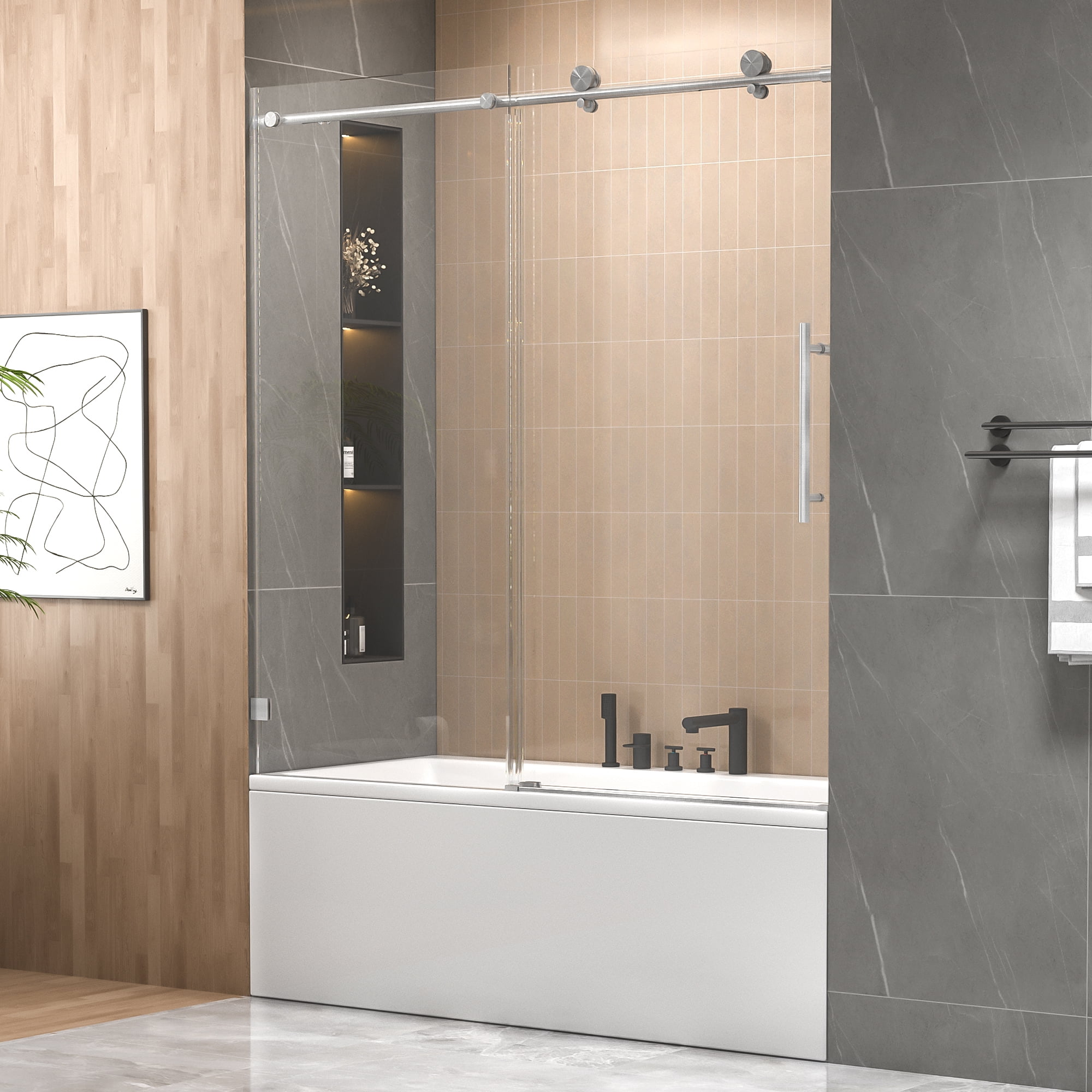 Leumius 56"-60"W X 60"H FramelessSingle Sliding Shower Door -5/16" (8mm) Clear TemperedGlass,Bypass Design,Brushed Nickel