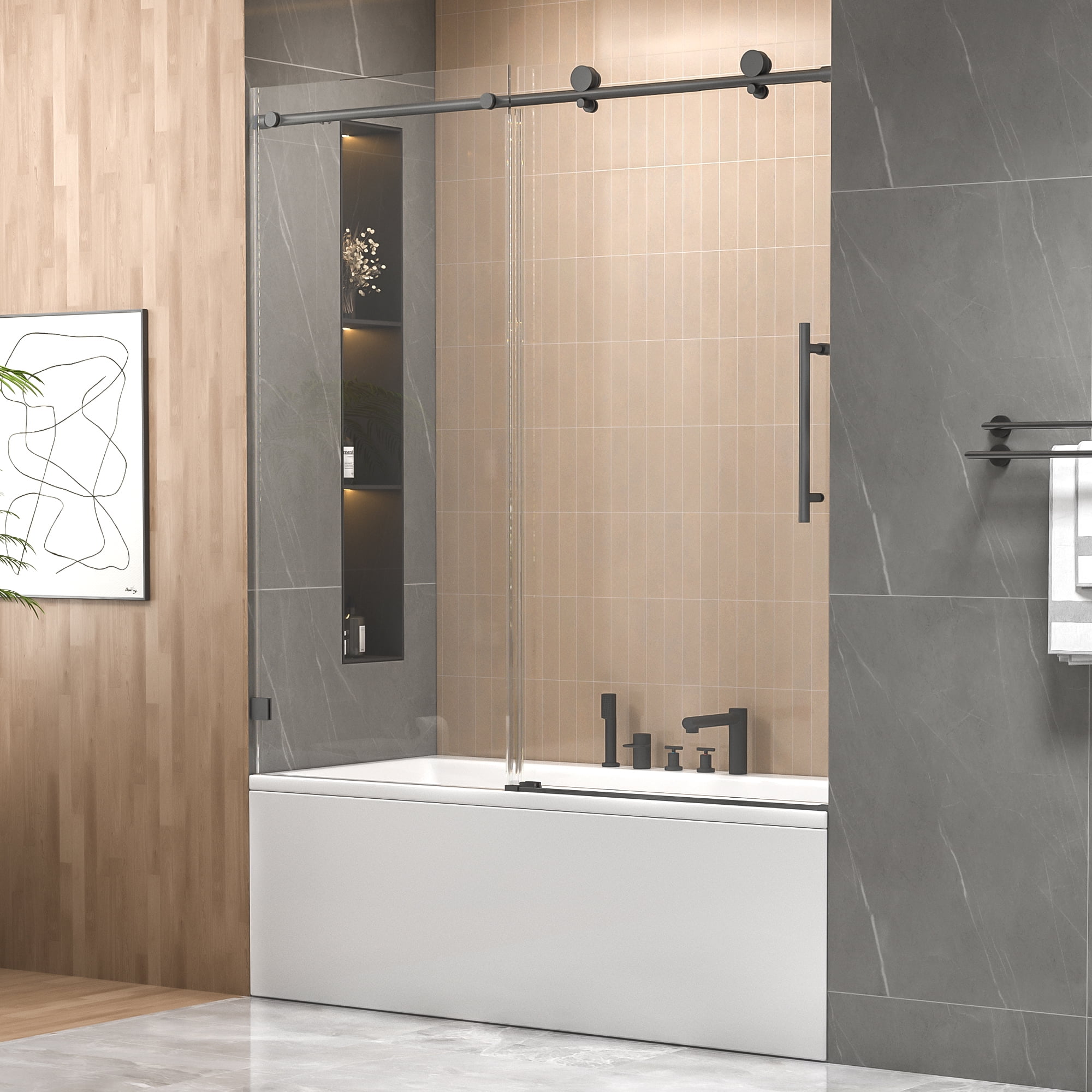 Leumius 56"-60"W X 60"H FramelessSingle Sliding Shower Door -5/16" (8mm) Clear TemperedGlass,Bypass Design,Matte Black