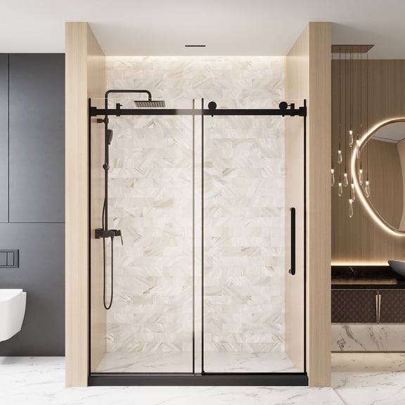 Leumius 56-60"W x 76" H Frameless Single Sliding Shower Door, 1/4" Clear Tempered Glass, Stainless Steel Handle Shower Door,Matte Black