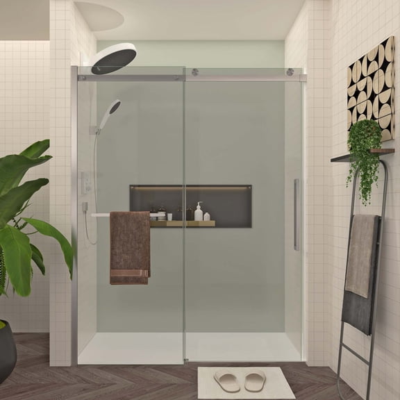Leumius 56-60"W x 76"H Sliding Shower Door, Frameless Glass Shower Door with Brushed Nickel Hardware, Towel Bar and Handle,Drop Shipping available