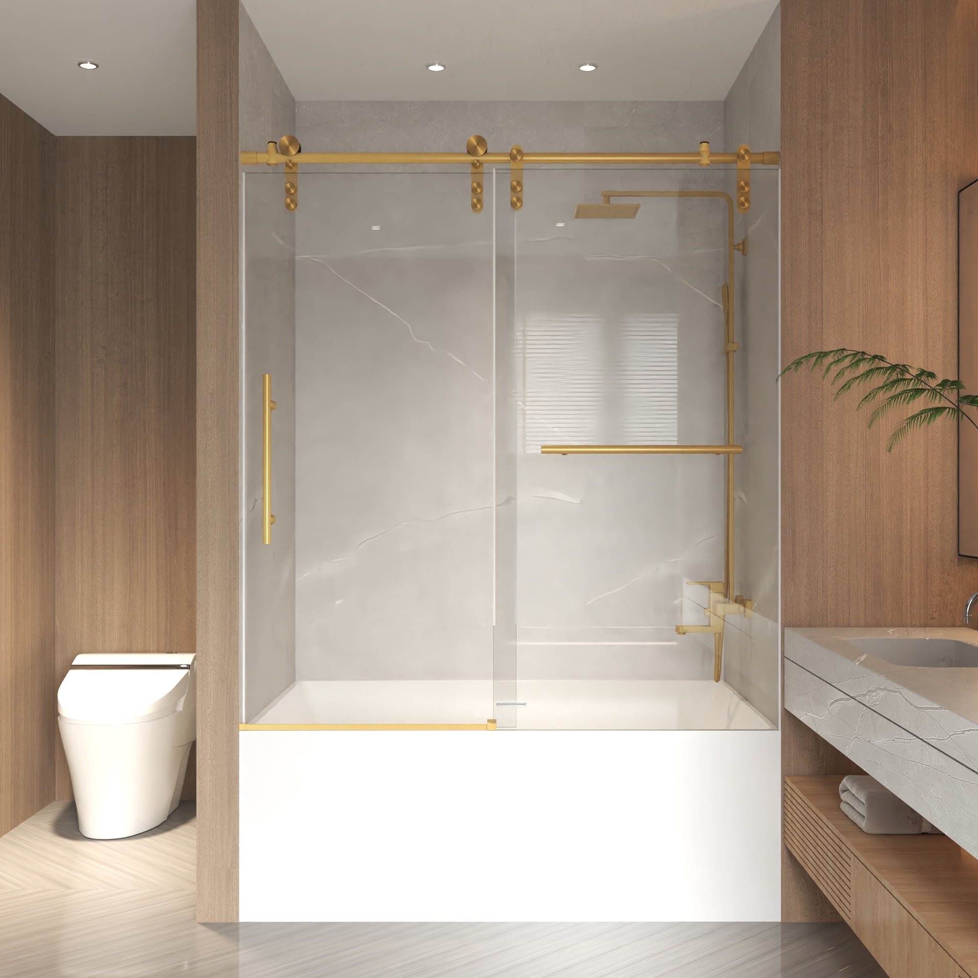 Leumius 56-60" x 66" H Frameless Sliding Shower Door, 5/16" Clear Tempered Glass,Stainless Steel Frame for Bathroom,Brushed Gold