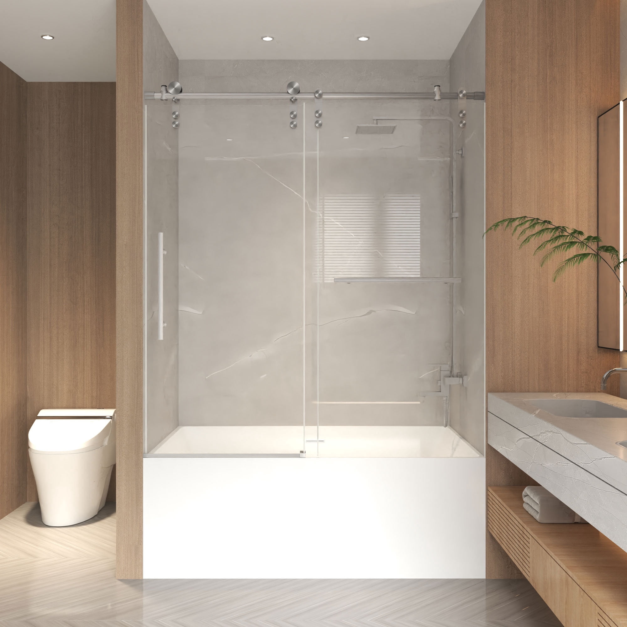 Leumius 56-60" x 66" H Frameless Sliding Shower Door, 5/16" Clear Tempered Glass,Stainless Steel Frame for Bathroom,Brushed Nickel