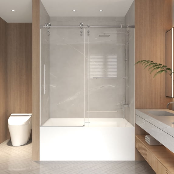 Leumius 56-60" x 66" H Frameless Sliding Shower Door, 5/16" Clear Tempered Glass,Stainless Steel Frame for Bathroom,Brushed Nickel