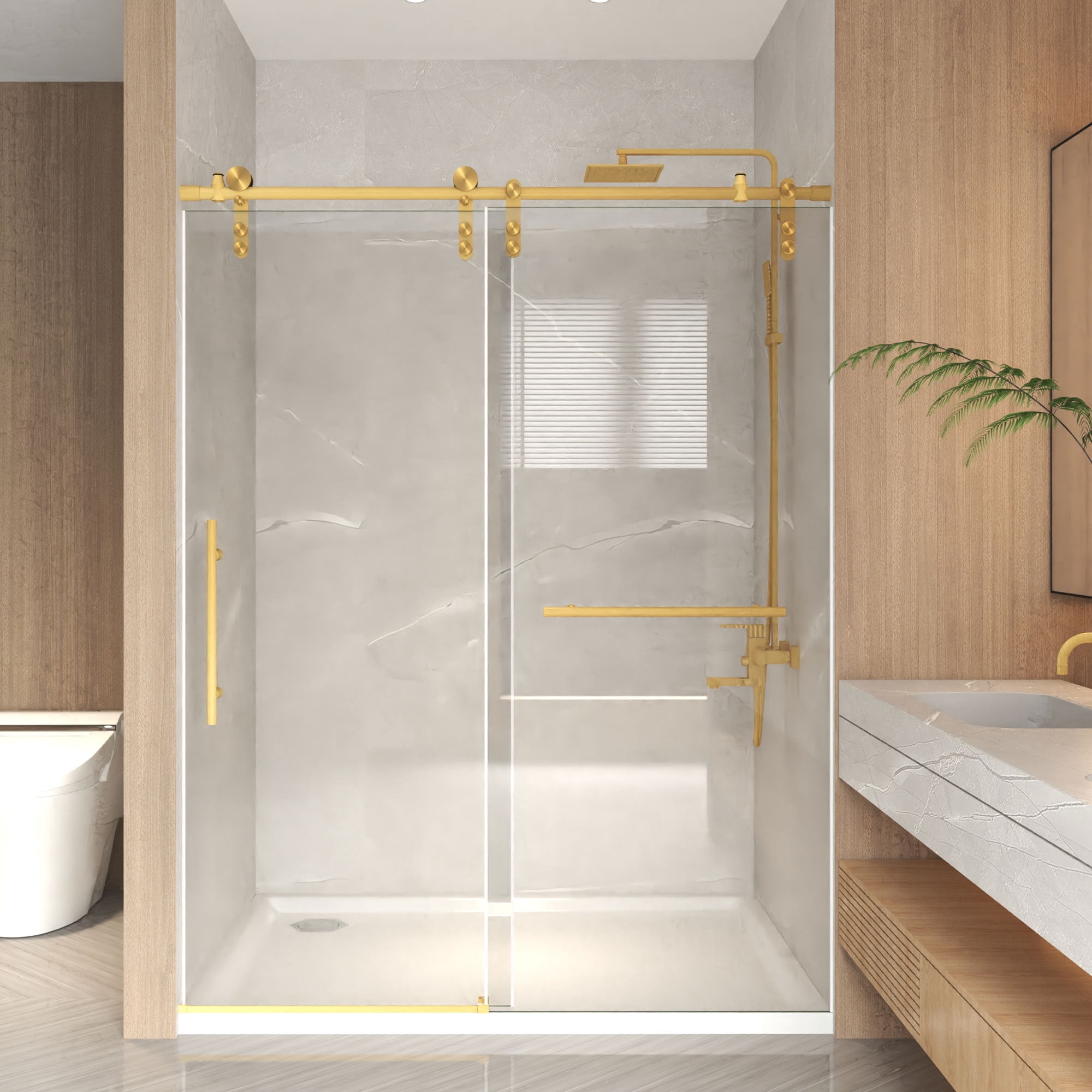 Leumius 56-60" x 76" H Frameless Sliding Shower Door, 5/16" Clear Tempered Glass,Stainless Steel Frame for Bathroom,Brushed Gold