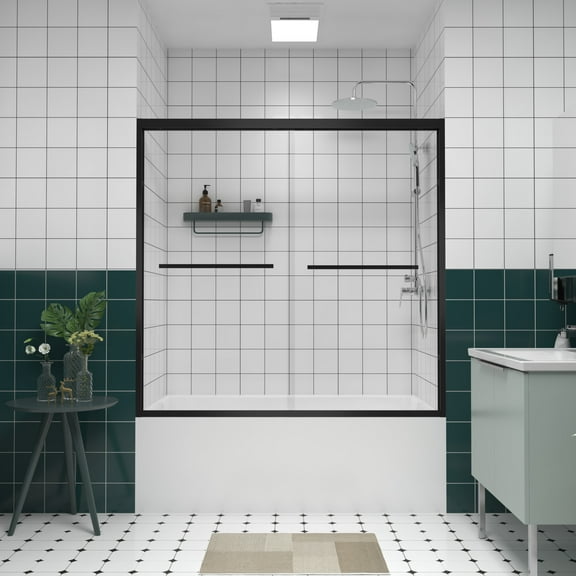 Leumius 56-60"x58" Double Sliding Bathtub Screen,Aluminum Frame,Premium 1/4" (6mm) Clear Tempered Glass, Black Hardware Sliding Glass Shower Enclosure,Matte Black Finished
