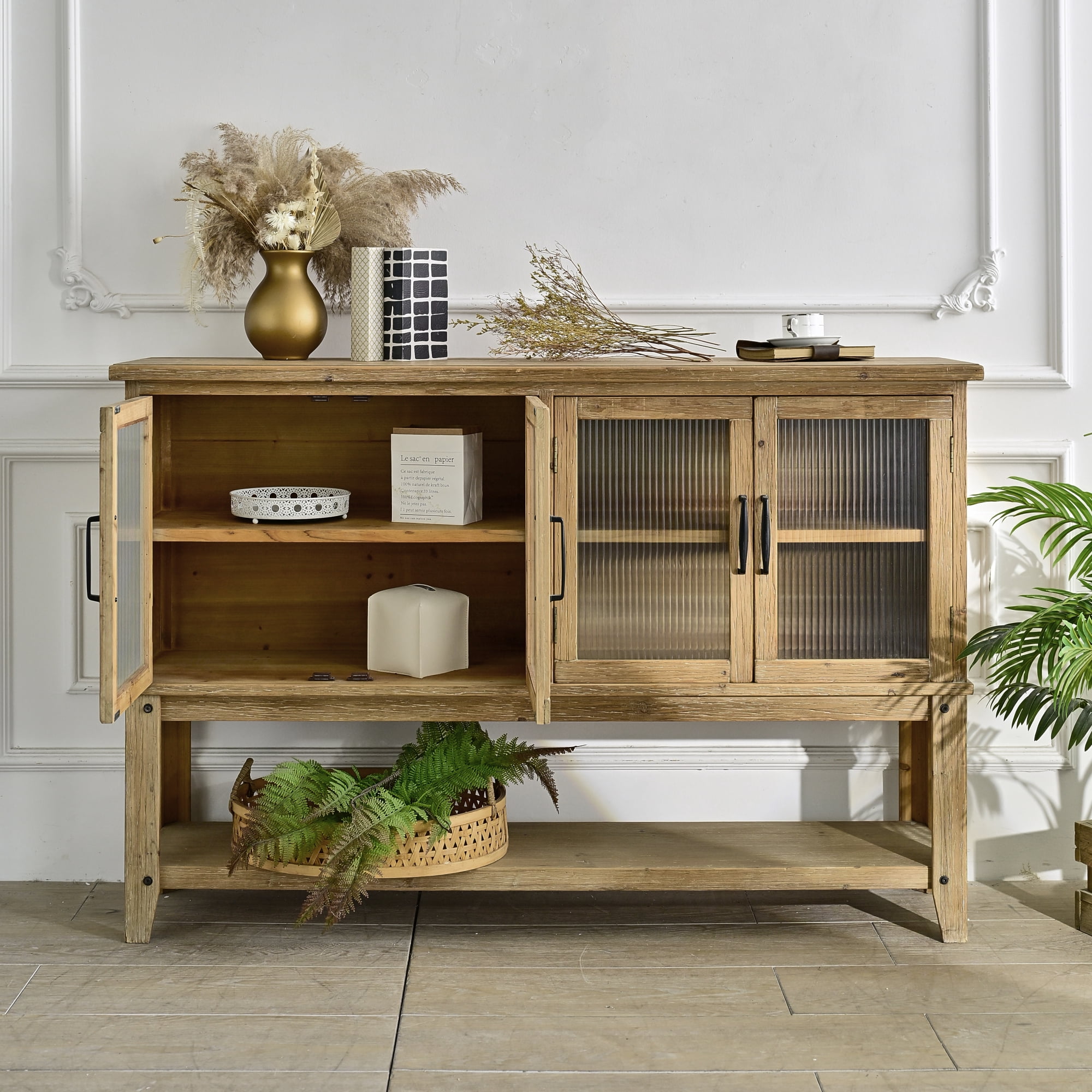 Leumius 59.06" Rectangle Sideboard with Storage Shelf, Accent Glass Door Wooden Rustic Cabinet for Kitchen, Dining Room, Living Room Natural
