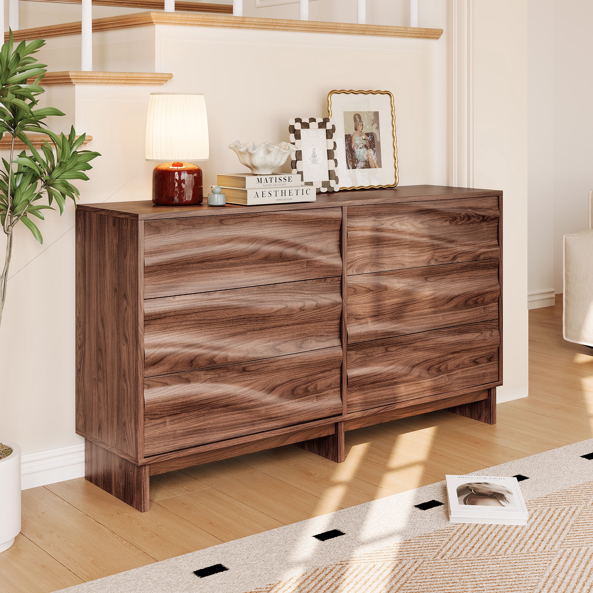 Leumius 59.1" Buffet Sideboard with 6 Drawers, Walnut Finish with Wave Grain Texture, Farmhouse Storage Cabinet for Dining Room Living Room Hallway