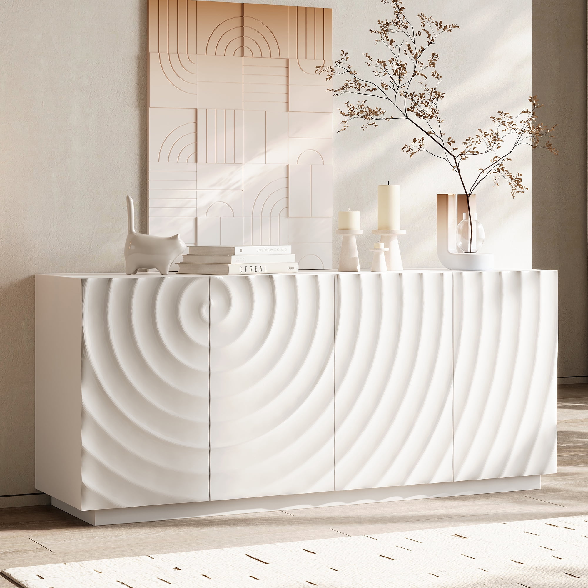 Leumius 59" Wide Modern Buffet Cabinet with 4 Storage Doors, Freestanding Luxury Sideboard Cabinet with Anti-Toppling Device, Accent Storage Buffet for Kitchen, Living Room White