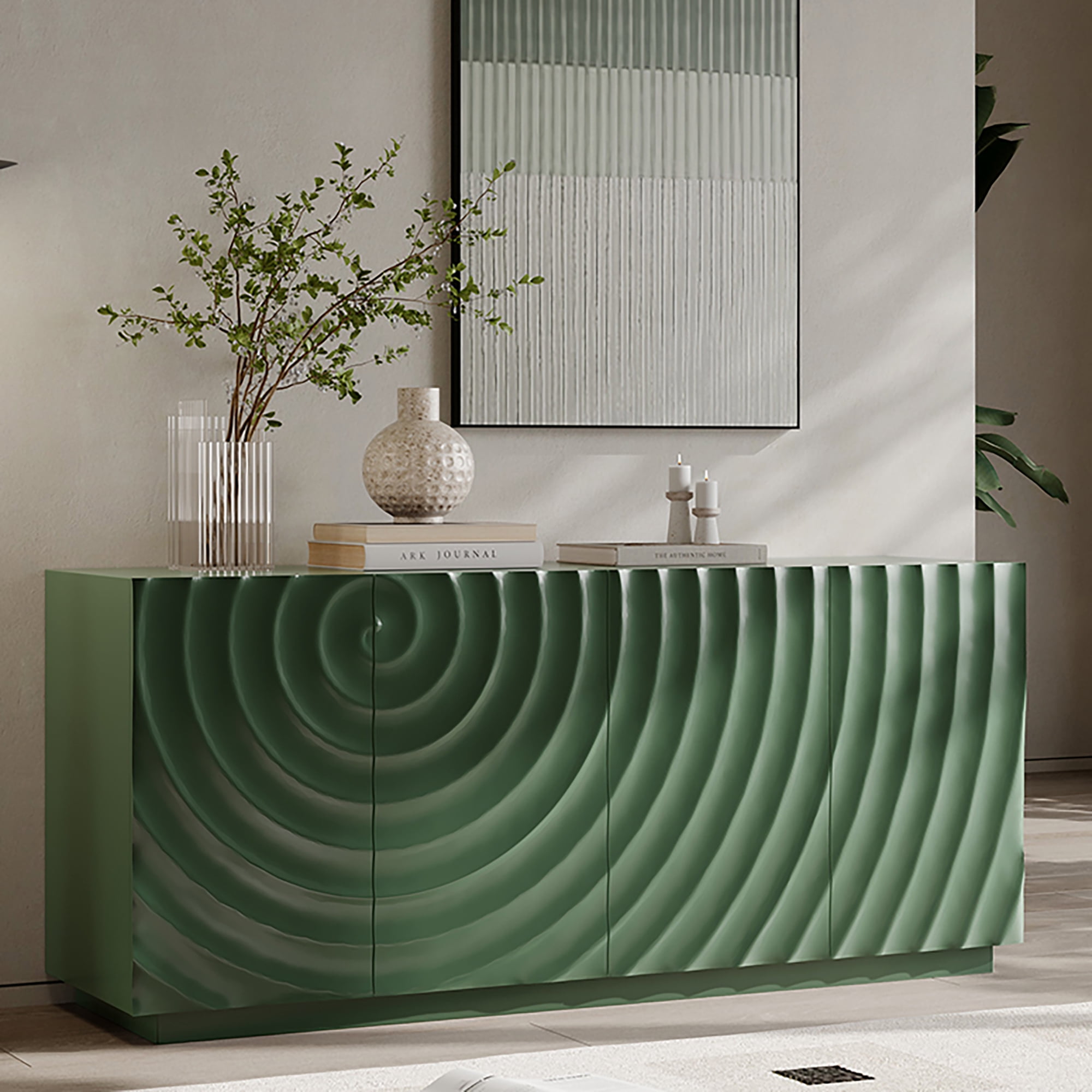 Leumius 59" Wide Modern Buffet Cabinet with 4 Storage Doors, Freestanding Luxury Sideboard Cabinet with Anti-Toppling Device, Accent Storage Buffet for Kitchen, Living Room Green