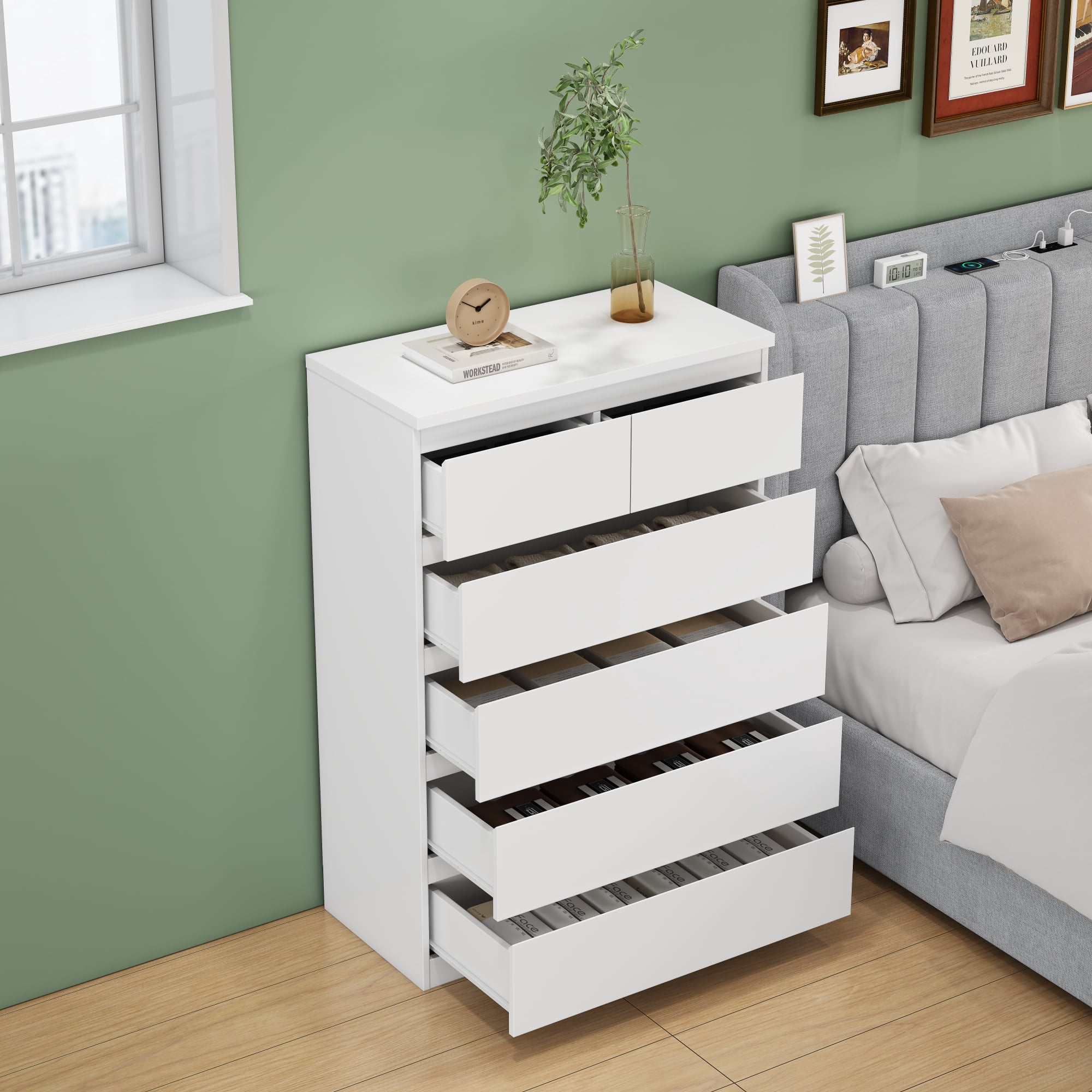 Leumius 6-Drawer Dresser for Bedroom,Modern Handle-Free Chest of Drawers with 2 Small & 4 Large Drawers,Minimalist Storage Cabinet for Living Room,Closet,White