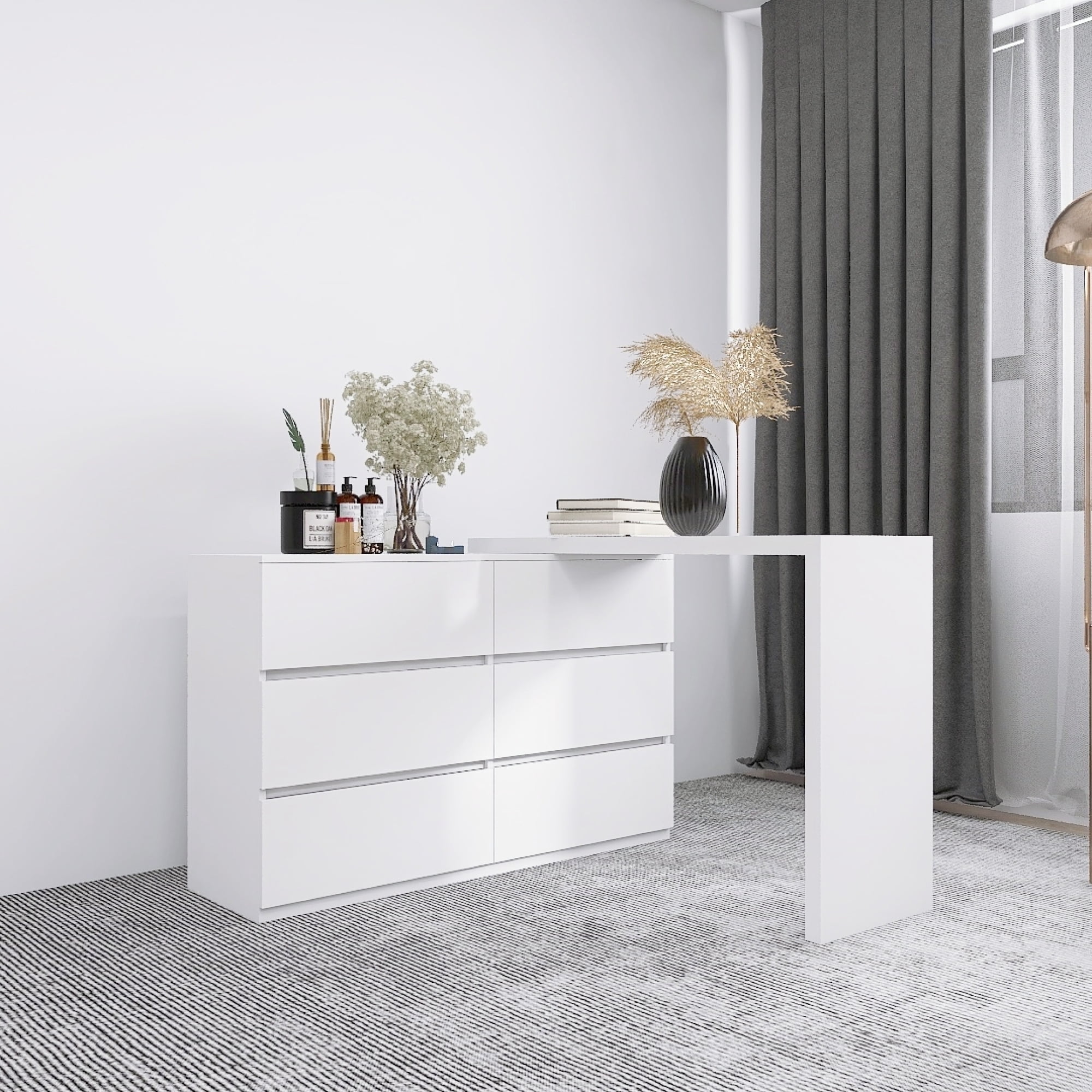 Leumius 6-Drawer Dresser,Extended Desktop Chest of Drawers,Handle-Free White Vanity with Rotatable Table Top for Bedroom/Living Room,White