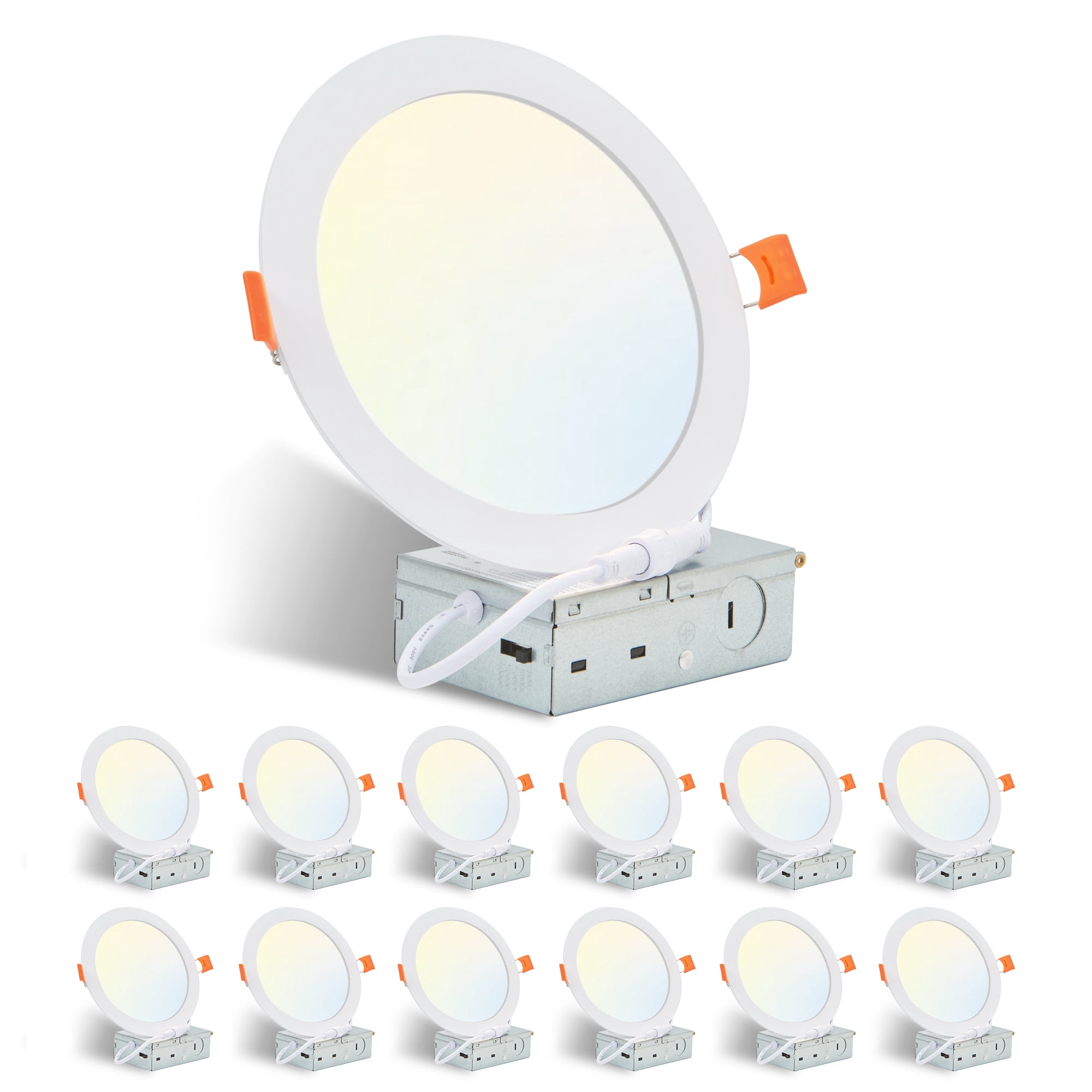 Leumius 6 Inch LED Recessed Ceiling Lights, 12-Pack Ultra-Thin with Junction Box, 5 Color Temperature Options 2700K-5000K, 12W 1080LM Dimmable Canless Downlight for Home and Commercial Use