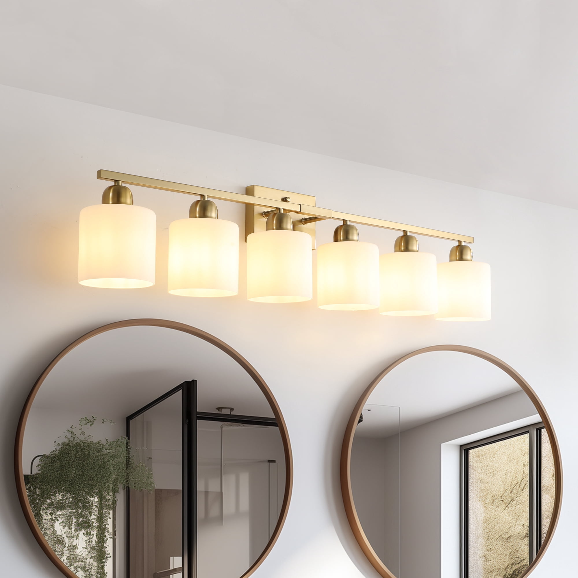 Leumius 6-Light Bathroom Vanity Light Fixture, Modern Vanity Light Over Mirror, Wall Sconces with Milky White Frosted Glass Shades for Mirror, Bathroom, Bedroom and Hallway Gold (No Bulbs)