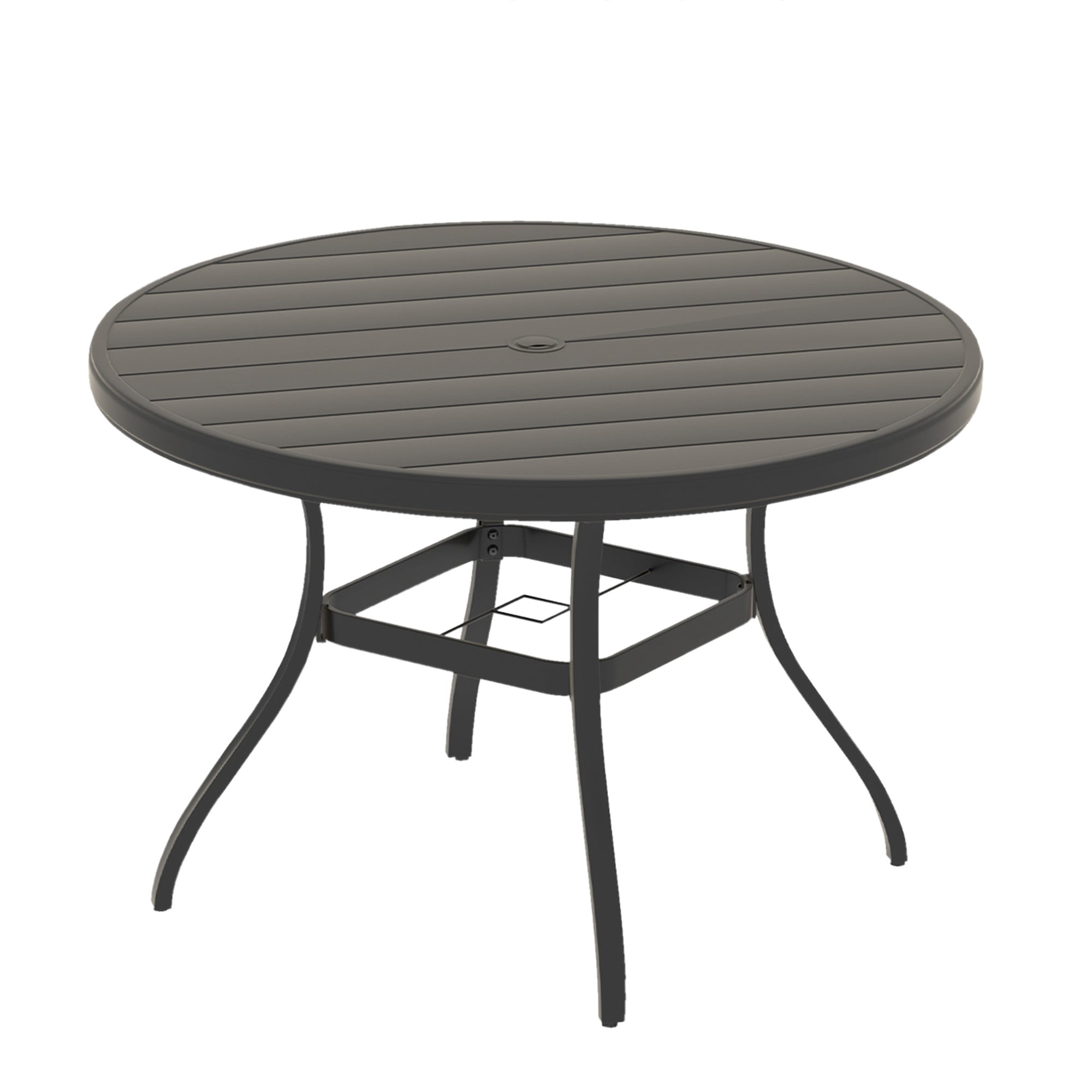 Leumius 6-Person Outdoor Round Metal Dining Table with Umbrella Hole, All-Weather Bistro Table Patio Table for Deck Lawn Garden Backyard, Black