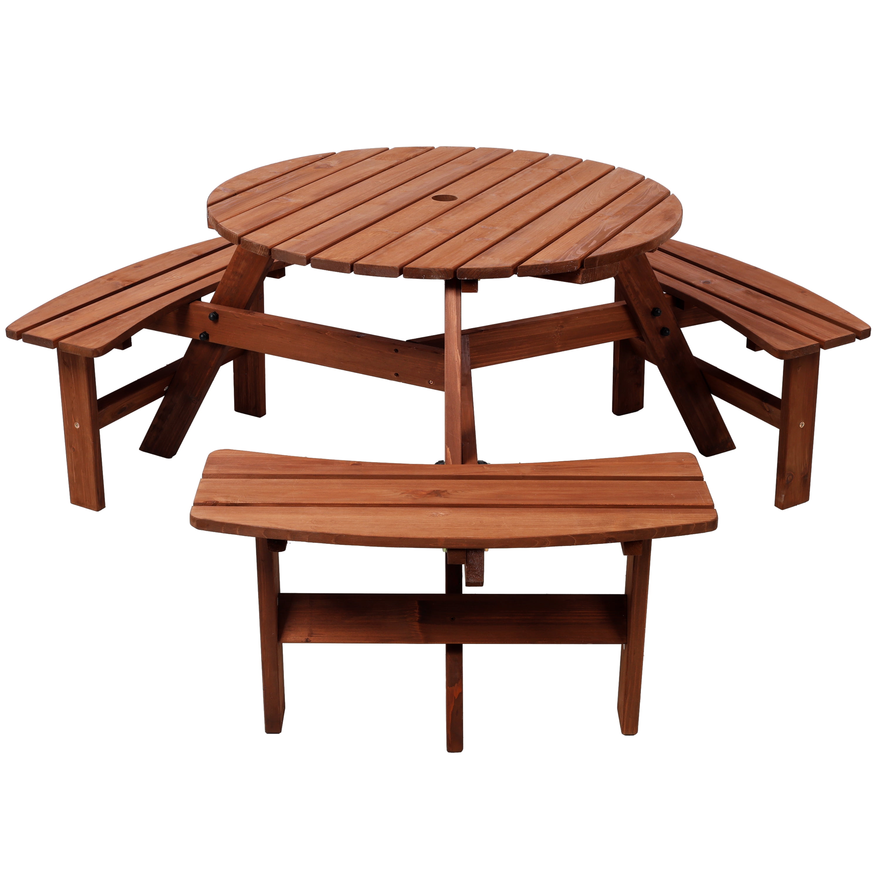 Leumius 6-Person Outdoor Wooden Picnic Table with 3 Built-In Benches &Umbrella Hole,Circular Camping Dining Table for Garden Patio Backyard