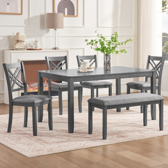 Leumius 6 Piece Kitchen Dining Set,Wood Rectangular Kitchen Table with 4 Upholstered Chairs and a Bench,Dining Table Set for 6 People,Kitchen Dining Table Set for Living Room, Home Bar and Kitchen