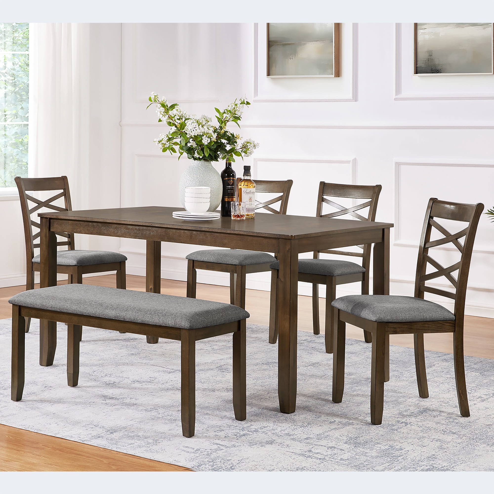 Leumius 6 Piece Kitchen Dining Set,Wood Rectangular Kitchen Table with 4 Upholstered Chairs and a Bench,Dining Table Set for 6 People,Kitchen Dining Table Set for Living Room, Home Bar and Kitchen