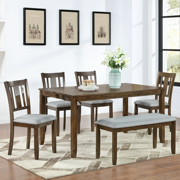 Leumius 6 Piece Kitchen Dining Set,Wood Rectangular Kitchen Table with 4 Upholstered Chairs and a Bench,Dining Table Set for 6 People,Kitchen Dining Table Set for Living Room, Home Bar and Kitchen