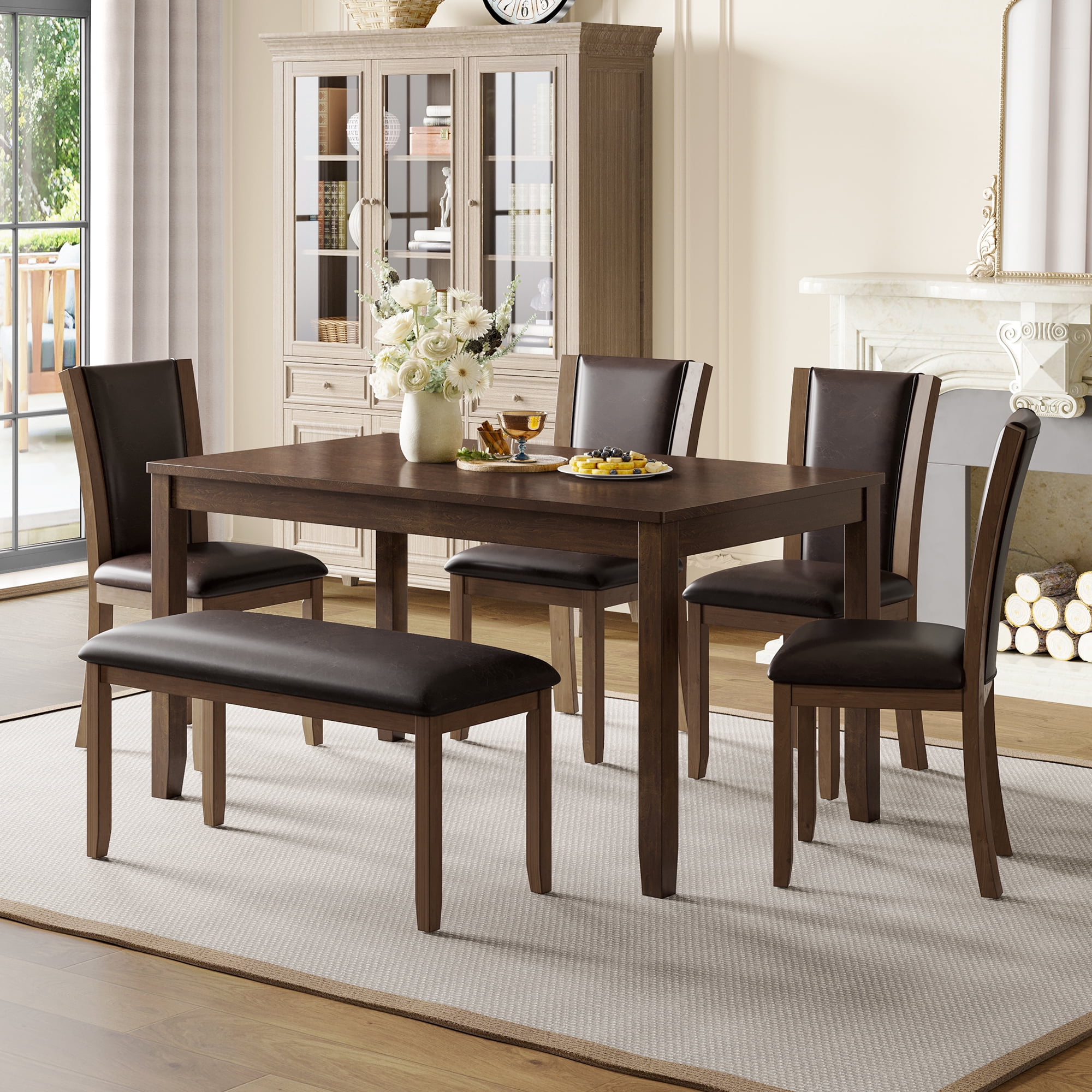 Leumius 6 Pieces Dining Table Set,Wood Dining Table Set with 4 Upholstered Leather Chairs and a Bench,Kitchen Dining Set for 6,Wooden Dining Furniture Sets for Kitchen, Dining Room,Dark Walnut