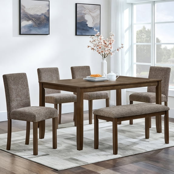 Leumius 6 Pieces Dining Table Set,Wood Dining Table Set with Wooden Dining Table,4 Upholstered Chairs and a Bench,Kitchen Dining Set for 6,Wooden Dining Furniture Sets for Kitchen, Dining Room