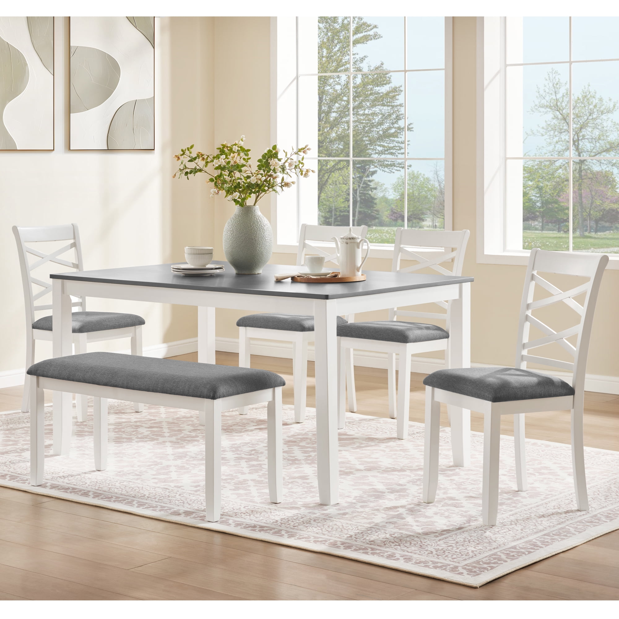 Leumius 6 Pieces Dining Table Set,Wood Dining Table Set with 4 Upholstered Chairs and a Bench,Modern Kitchen Table Set for 6 Person,White+Gray