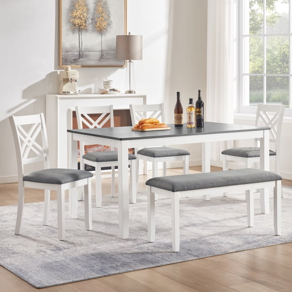 Leumius 6 Pieces Dining Table Set,Wood Dining Table Set with 4 Upholstered Chairs and a Bench,Modern Kitchen Table Set for 6 Person,White+Gray