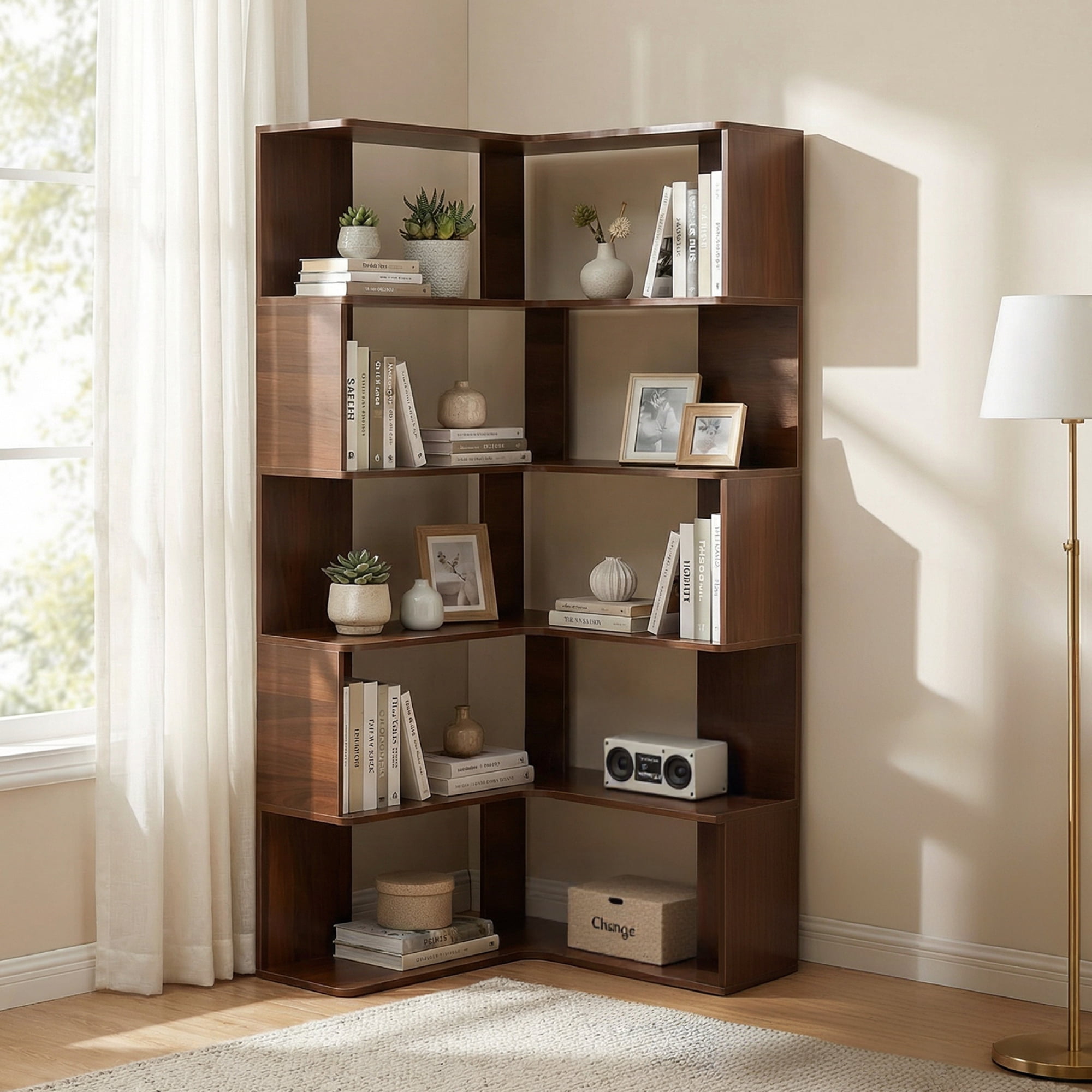 Leumius 6-Tier Corner Bookshelf, 66" Tall L-Shaped Bookshelf with Baffle, Freestanding Display Corner Shelf, Wooden Bookcase with Open Shelf Units for Living Room Bedroom Home Office Walnut