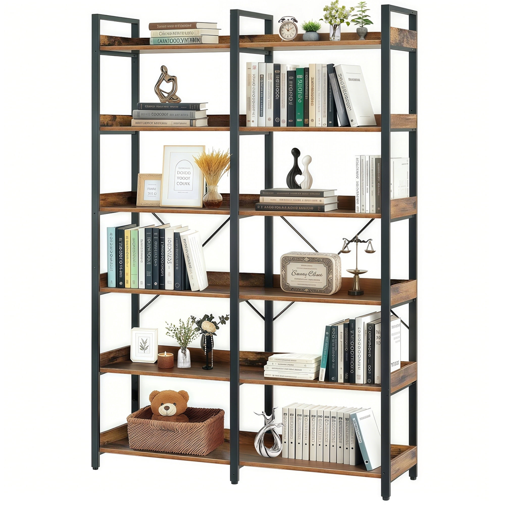 Leumius 6-Tier Industrial Bookshelf, 67" Wooden Bookshelf with Open Shelves, Freestanding Metal Frame Bookcase for Storage and Display, Modern Book Shelves for Bedroom Living Room Home Office Brown