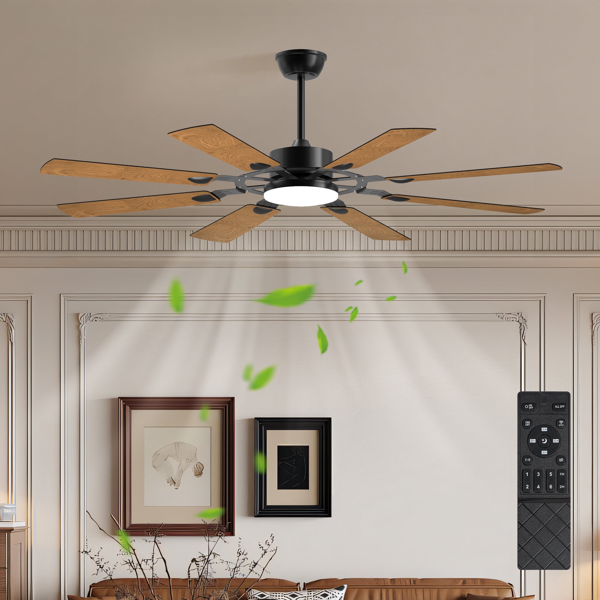 Leumius 60" Ceiling Fan with Lights and Remote Control, 8 Plywood Blades, 6-Speed Noiseless Reversible DC Motor, 3CCT, Windmill Ceiling fan for Kitchen Bedroom Living Room Black