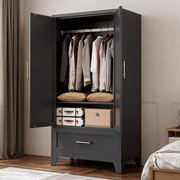 Leumius 60" Tall Metal Wardrobe Closet,Modern Armoire Wardrobe Cabinet 1 Drawers and Hanging Rod,Clothes Storage Organizer Cabinets with Double Doors for Bedroom,Office,Living Room-Black