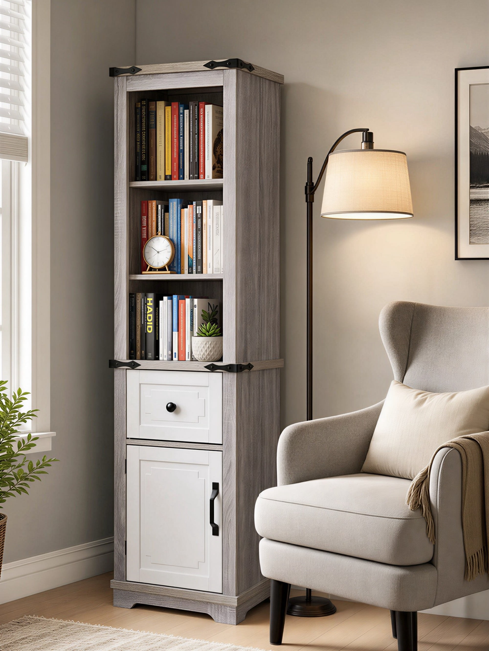 Leumius 63" Tall Narrow Storage Cabinet,Farmhouse Storage Cabinet with Adjustable Shelves & Storage Drawer for Bathroom, Living Room,Grey