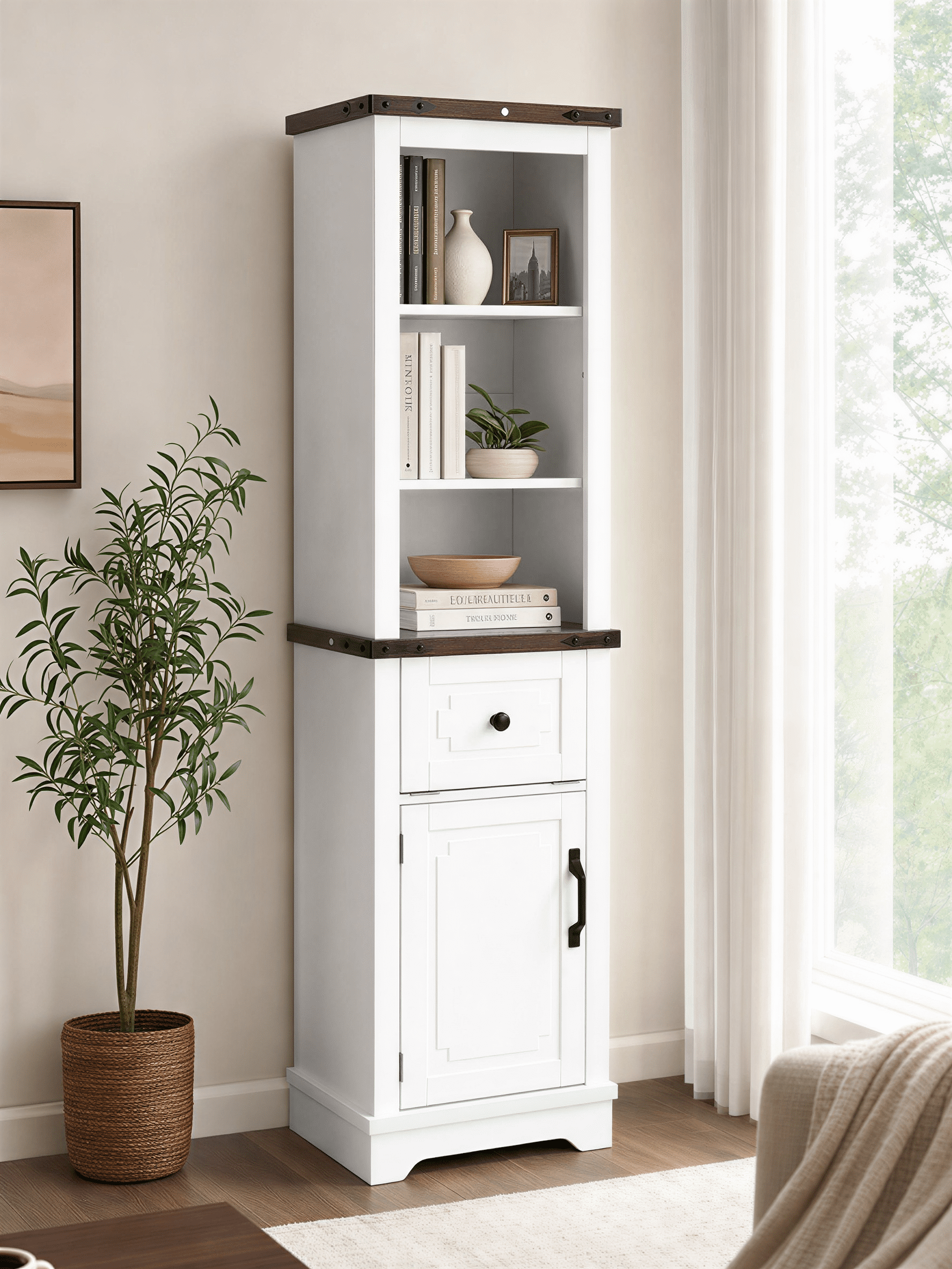 Leumius 63" Tall Narrow Storage Cabinet,Farmhouse Storage Cabinet with Adjustable Shelves & Storage Drawer for Bathroom, Living Room,White
