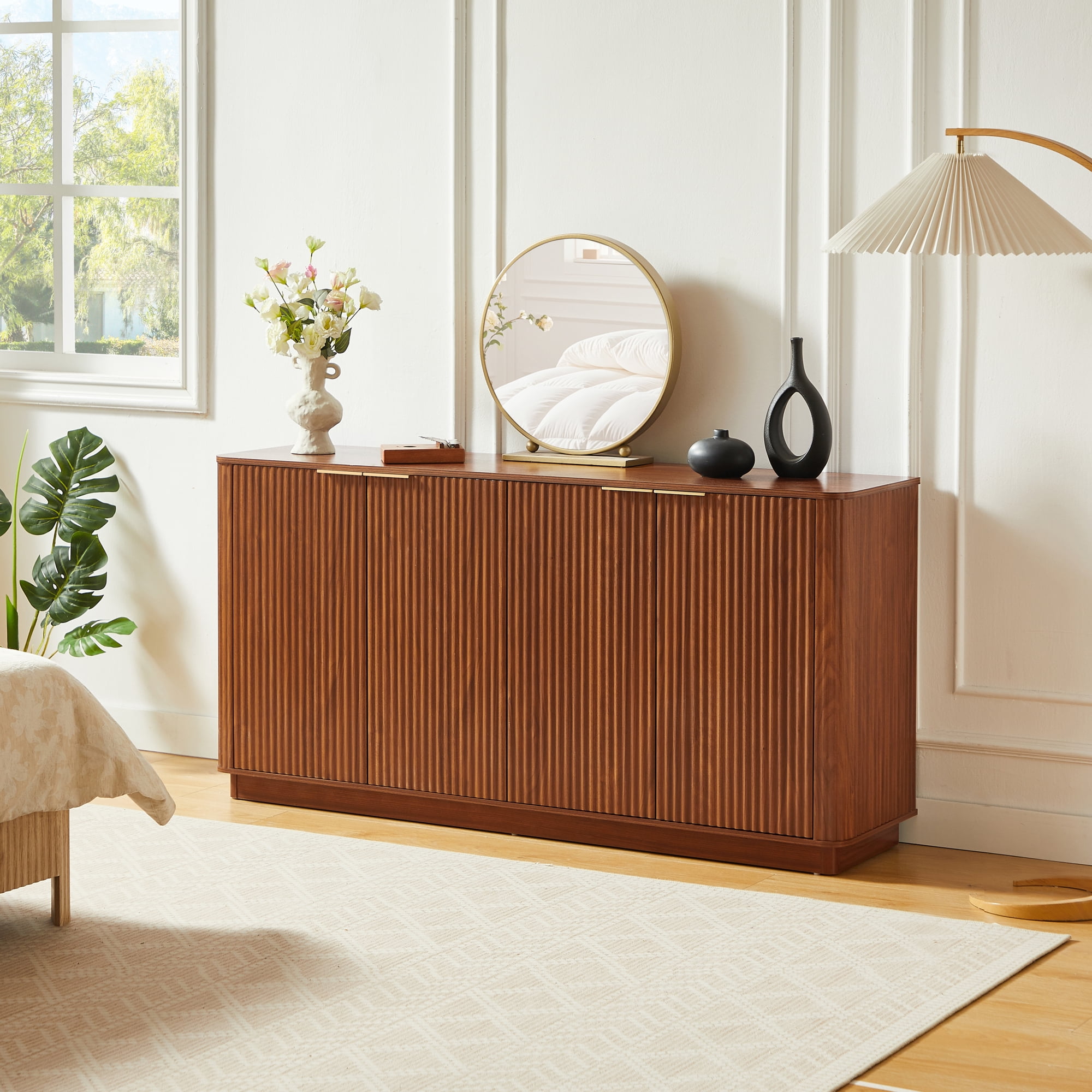 Leumius 63" Vertical Stripe Buffet Cabinet Sideboard with stoarge, Curved Wave Design, TV Stand for Bedroom Living Room Hallway Walnut