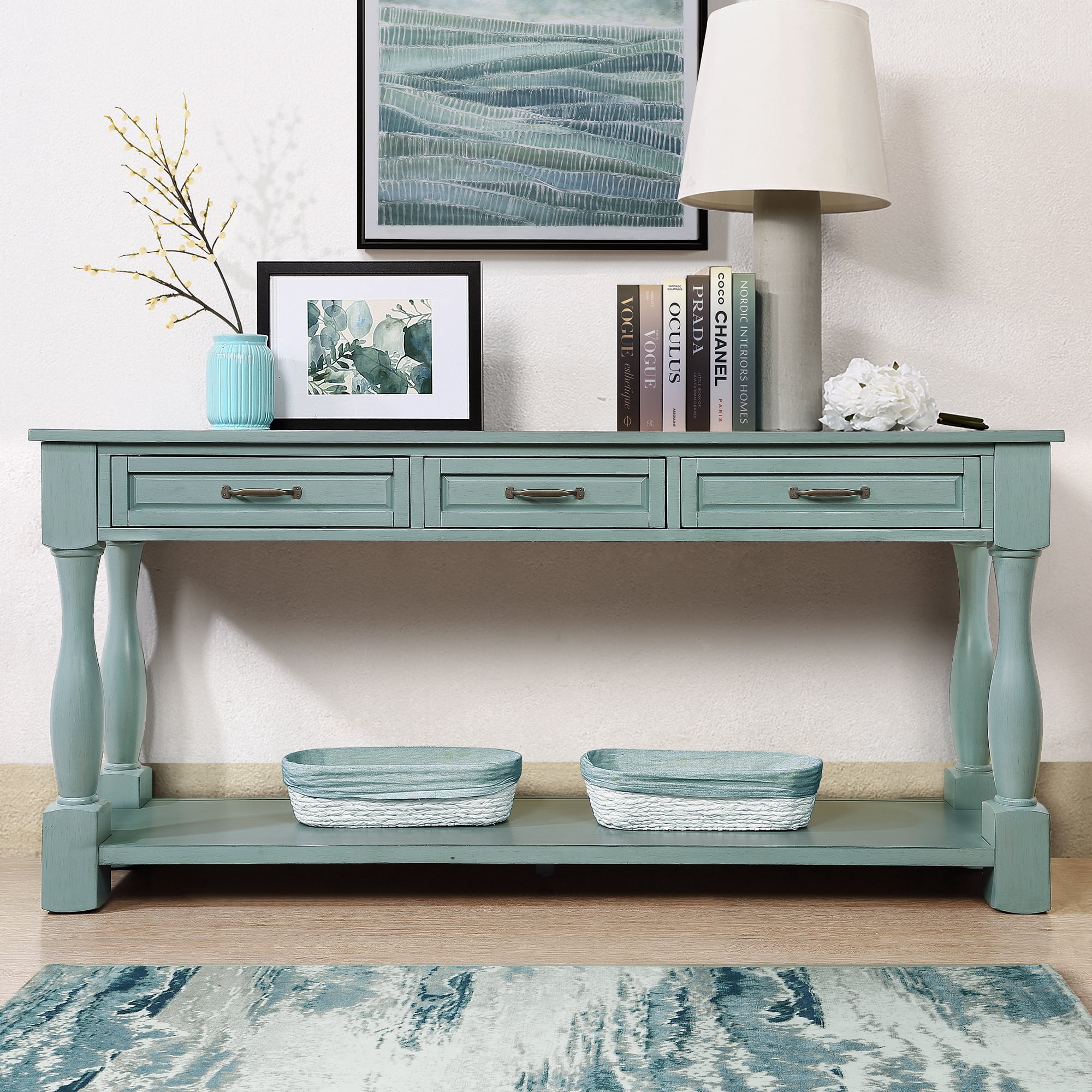 Leumius 63In Long Wood Console Table with 3 Drawers and 1 Bottom Shelf for Entryway Hallway (Retro Blue)