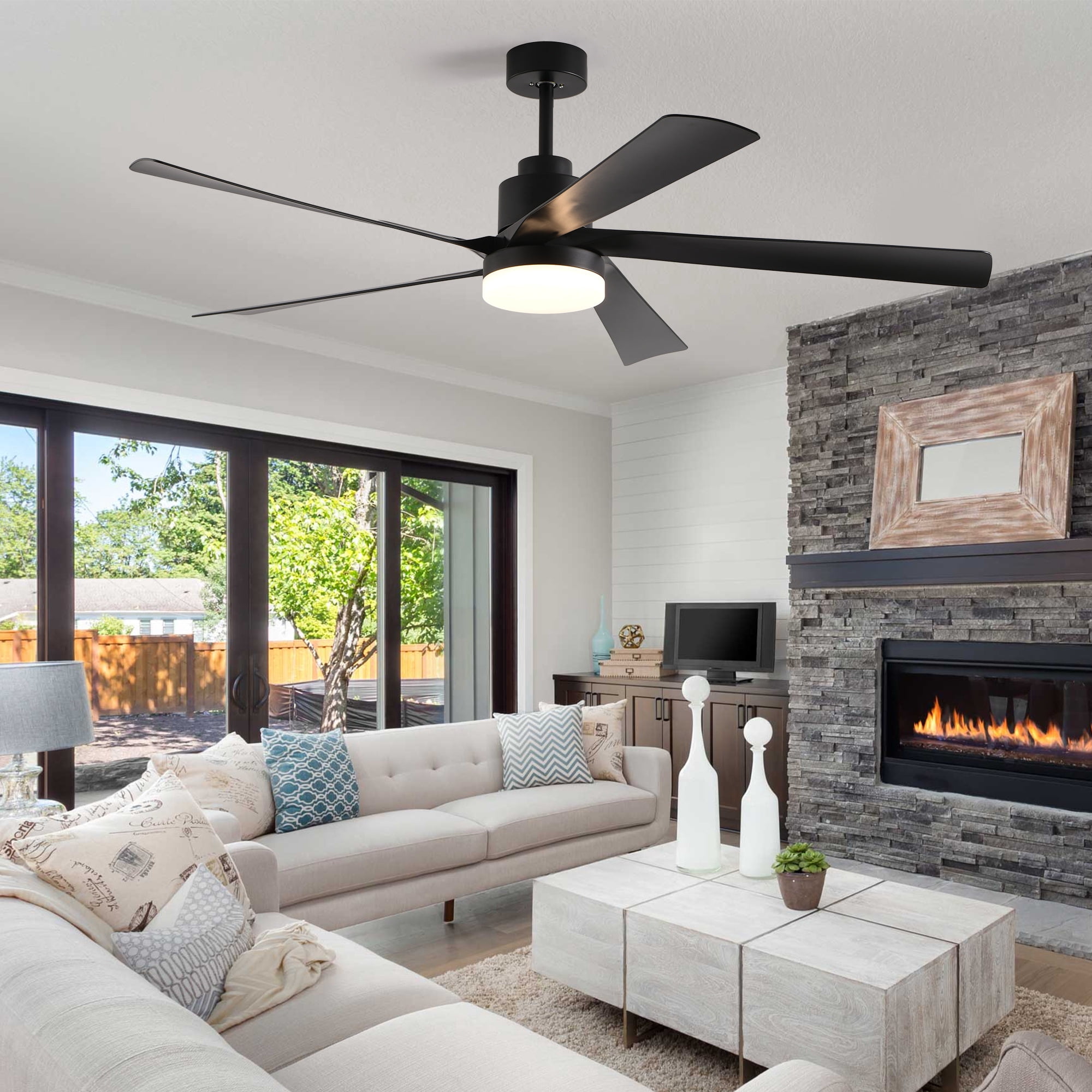 Leumius 65" Black Ceiling Fan with Light, 5-Blade Dimmable LED Ceiling Fan with Remote Control, Modern Quiet Design for Living Room and Bedroom