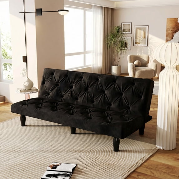 Leumius 66" Velvet Convertible Sofa Bed,Twin-Size Futon Sofa Bed Sleeper Sofa with Adjustable Backrest for Apartments,Living Room,Black