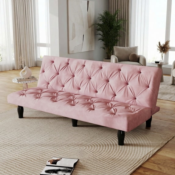 Leumius 66" Velvet Convertible Sofa Bed,Twin-Size Futon Sofa Bed Sleeper Sofa with Adjustable Backrest for Apartments,Living Room,Pink
