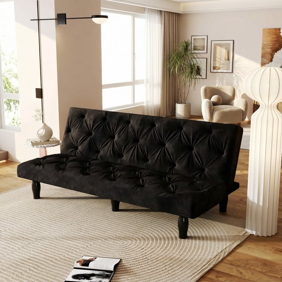 Leumius 66" Velvet Convertible Sofa Bed,Twin-Size Futon Sofa Bed Sleeper Sofa with Adjustable Backrest for Apartments,Living Rooms,Black