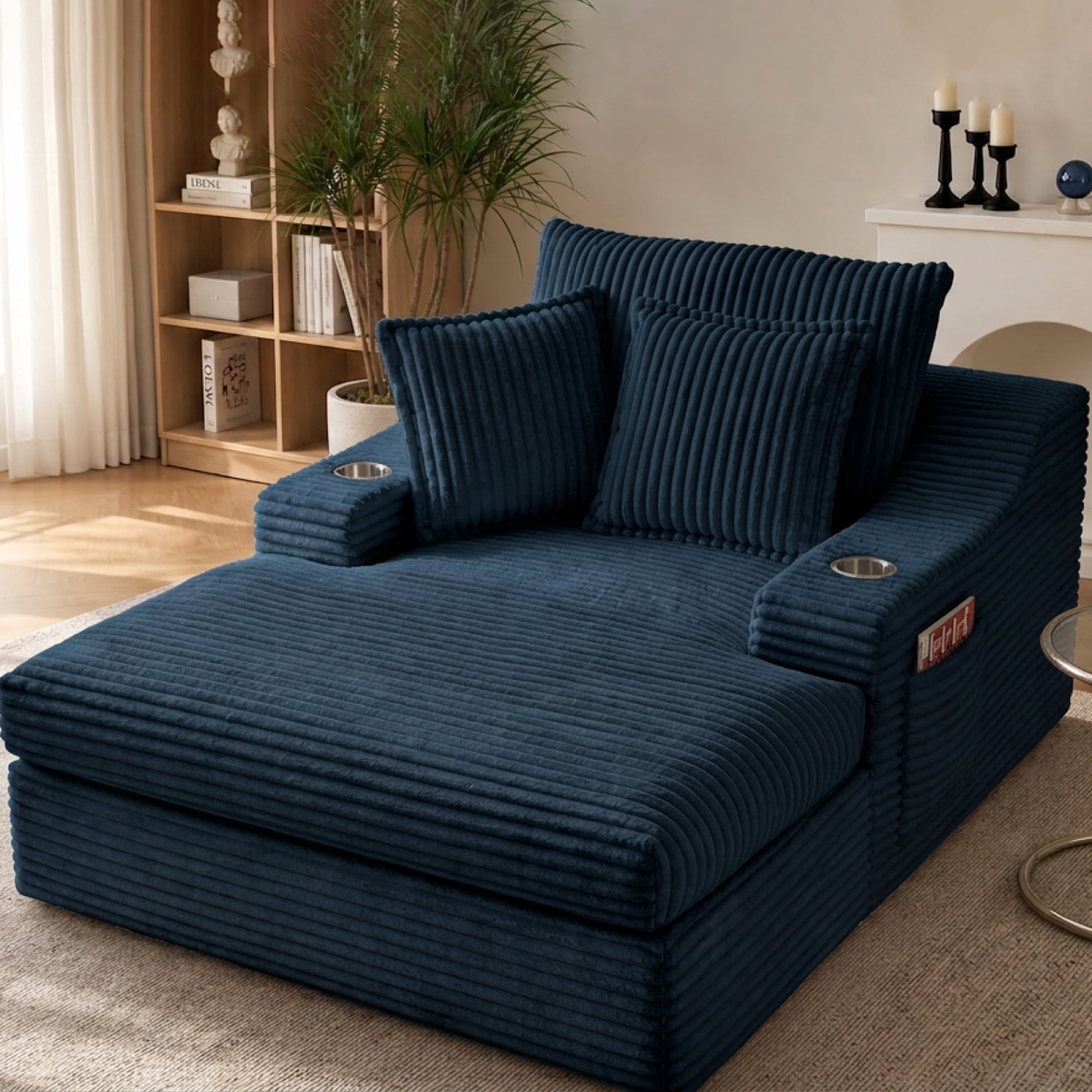 Leumius 67" Oversized Chaise Lounge Chair Indoor, Boneless Chaise Lounge Chair with Cup Holders & 3 Pillows, Cloud Corduroy Chaise Sofa Bed Sleeper Couches for Living Room No Assembly Require,Blue