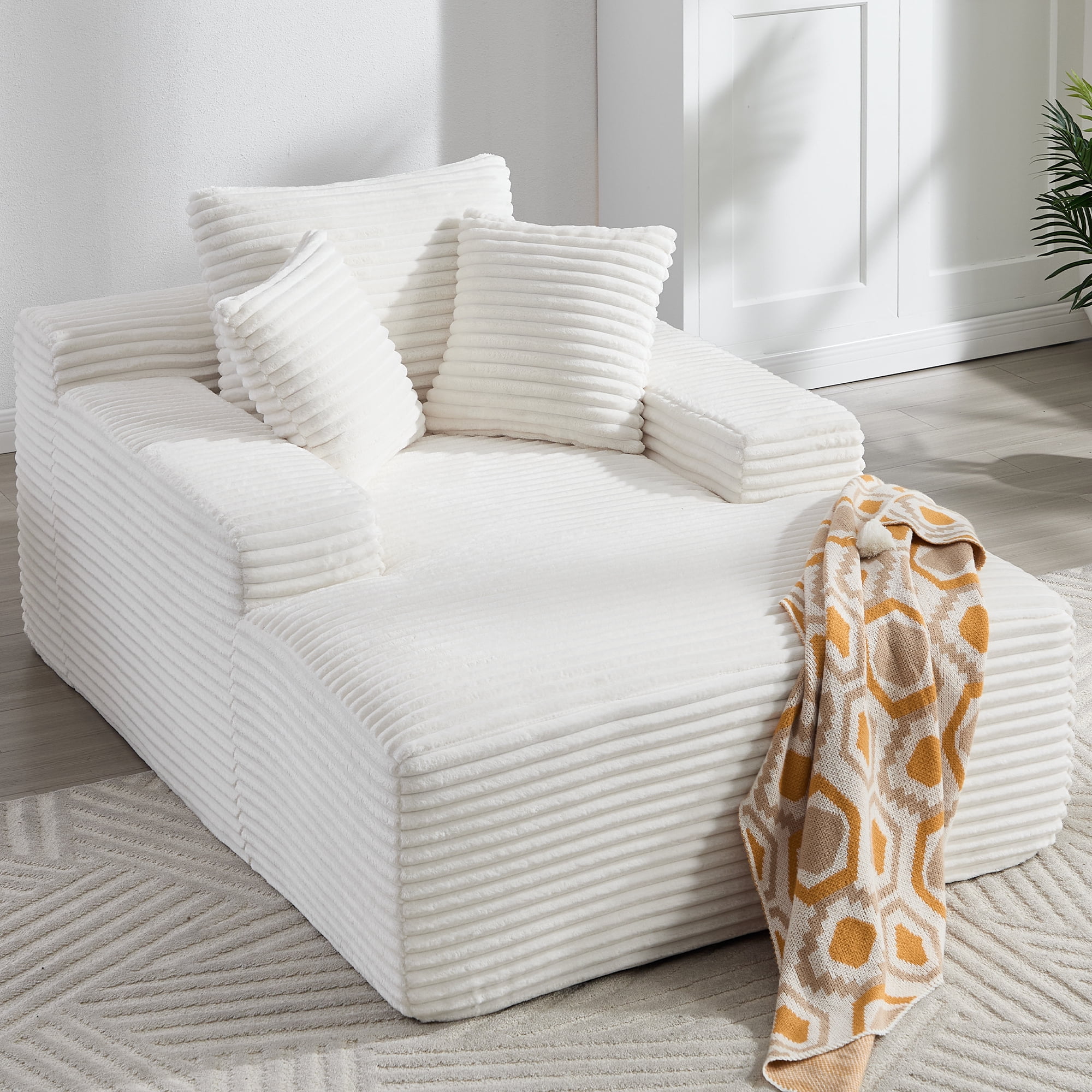 Leumius 67'' Oversized Chaise Lounge Chair Indoor,Cloud Plush Velvet Upholstered Deep Seat Sofa Bed with Back Cushion & Pillows,Cozy Sleeper Sofa Couch for Living Room, No Assembly Required,White
