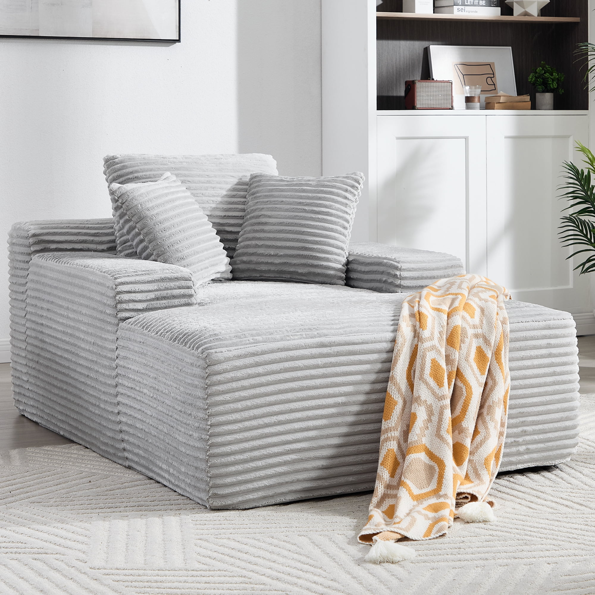Leumius 67'' Oversized Chaise Lounge Chair Indoor,Modern Velvet Upholstered Sofa Bed,Deep Seat Sofa with Back Cushion and Pillows,Cozy Sleeper Couch for Living Room, No Assembly Required,Light Gray