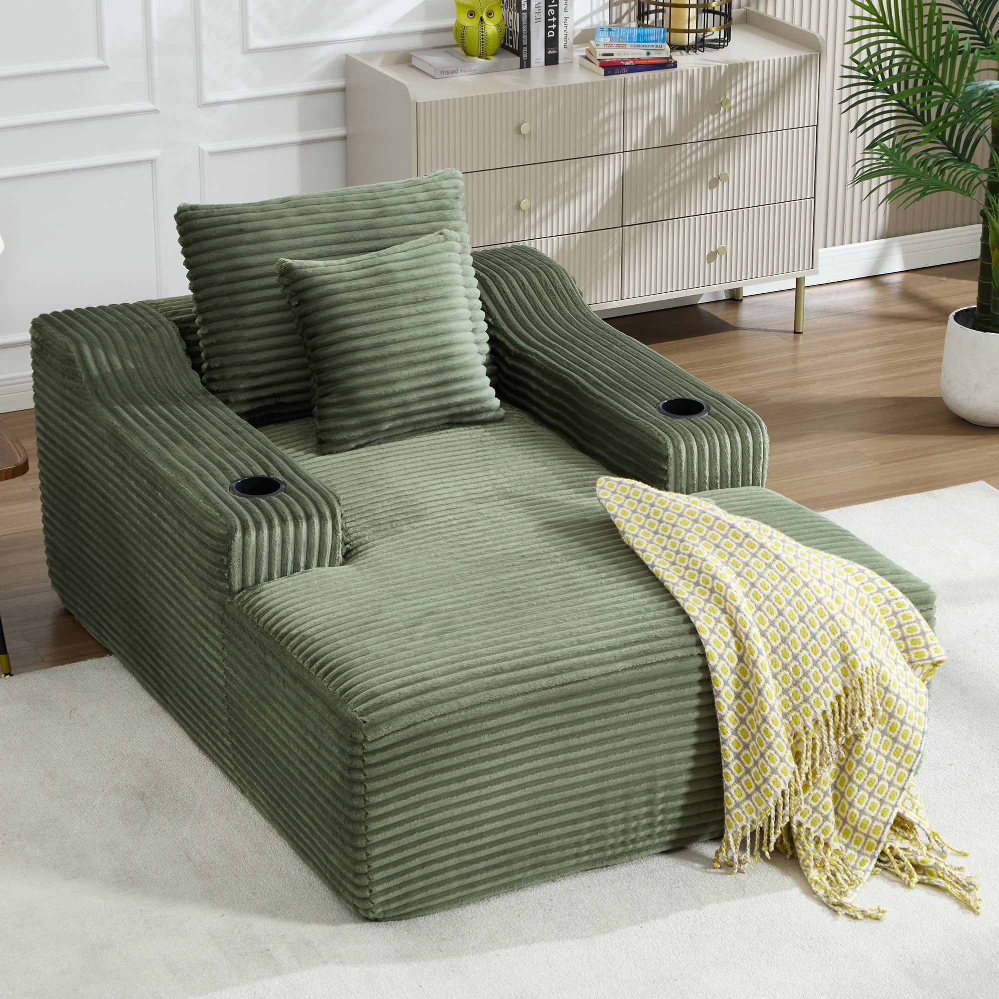 Leumius 67" Oversized Chaise Lounge Chair Indoor,Soft Boneless Cloud Couch with 2 Pillowsand 2 Cup Holders, Comfy Corduroy Sleeper Couch for Living Room Bedroom,No Assembly Required,Green