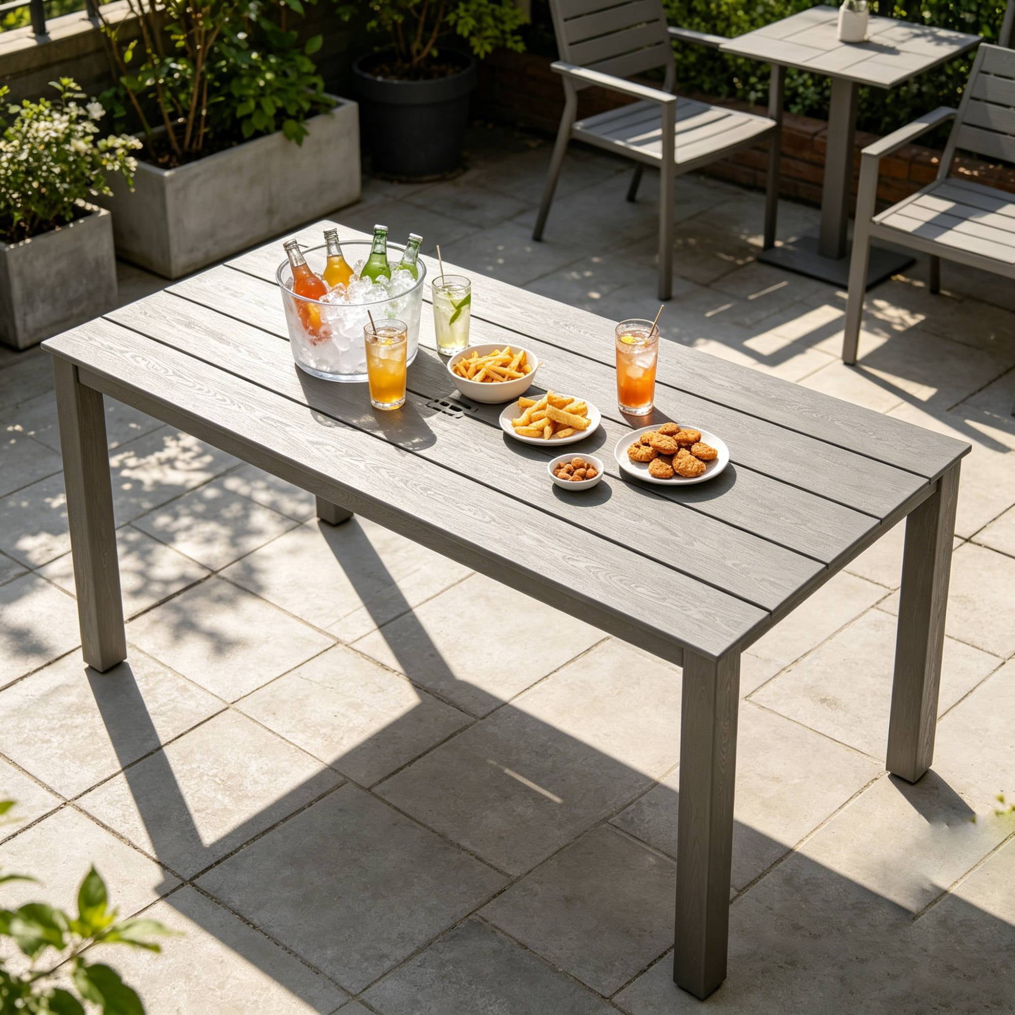 Leumius 68.9" Outdoor Dining Table for 6,All-Weather Furniture Table with Umbrella Hole for Outdoor Picnics & Patio,Backyard,Gray