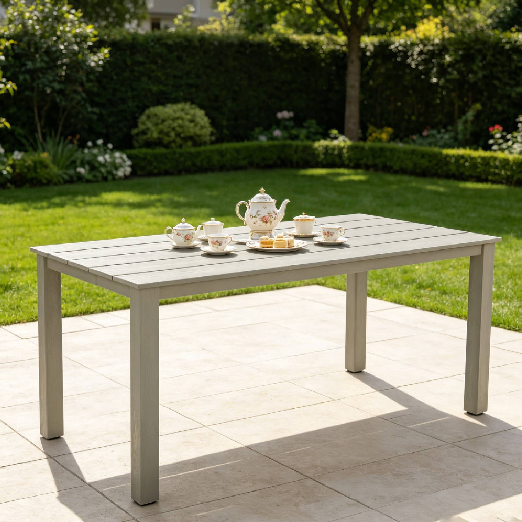 Leumius 68.9" Outdoor Dining Table for 6,All-Weather Furniture Table with Umbrella Hole for Outdoor Picnics & Patio,Backyard,Light Gray