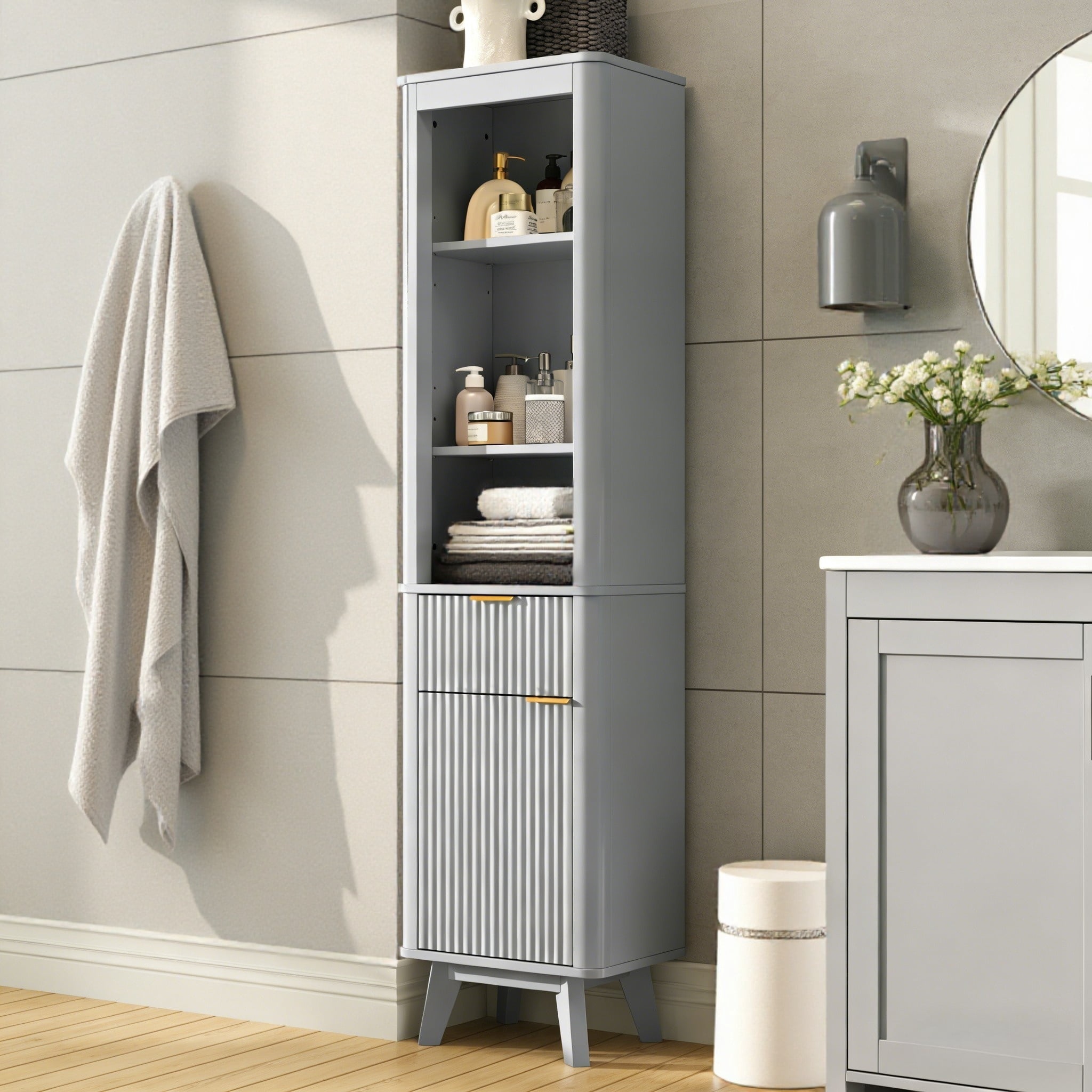 Leumius 68" H Tall Bathroom Storage Cabinet with Adjustable Shelves,One Drawer & Door, Storage Cabinet for Bathroom, Living Room, Entryway,Gray