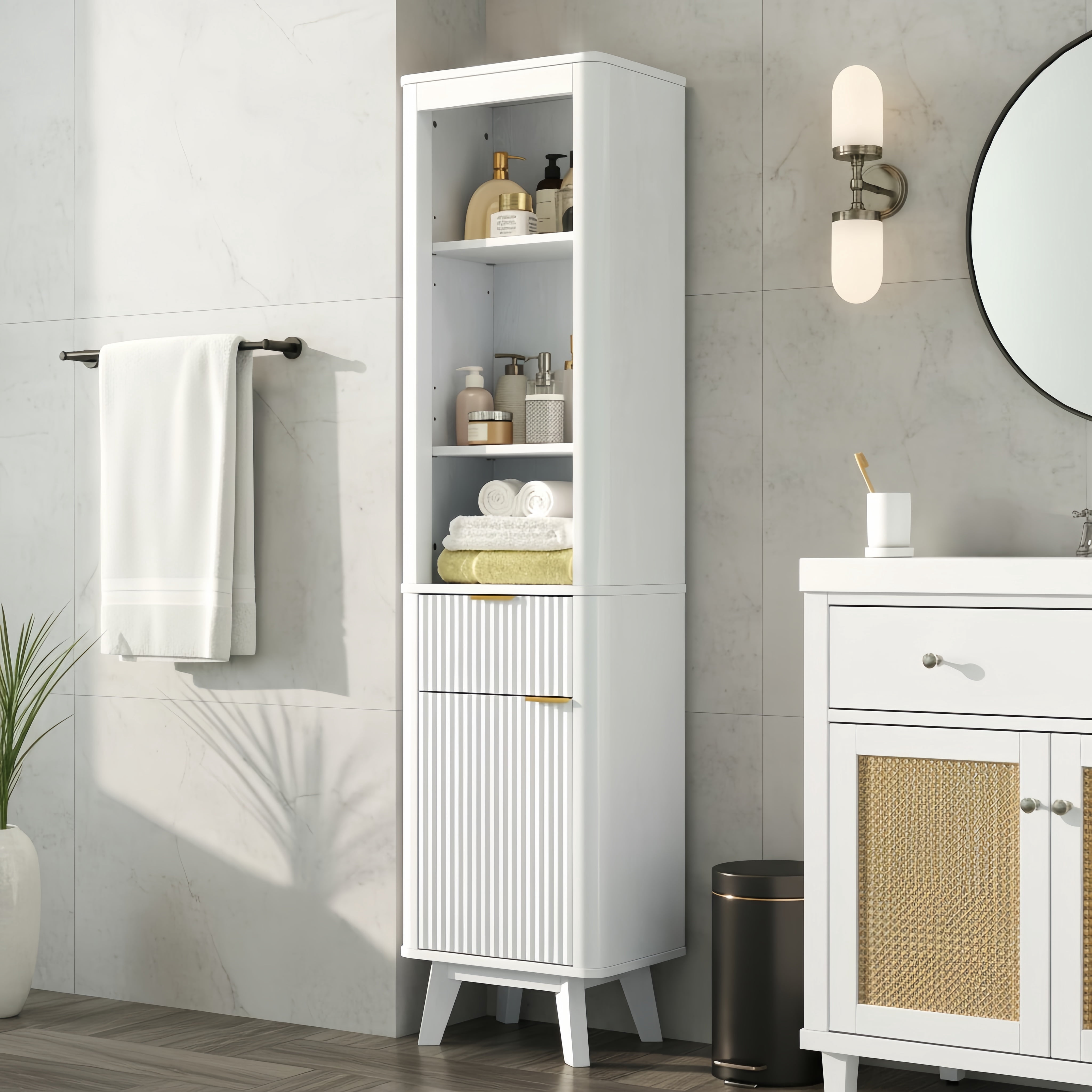 Leumius 68" H Tall Bathroom Storage Cabinet with Adjustable Shelves,One Drawer & Door, Storage Cabinet for Bathroom, Living Room, Entryway,White