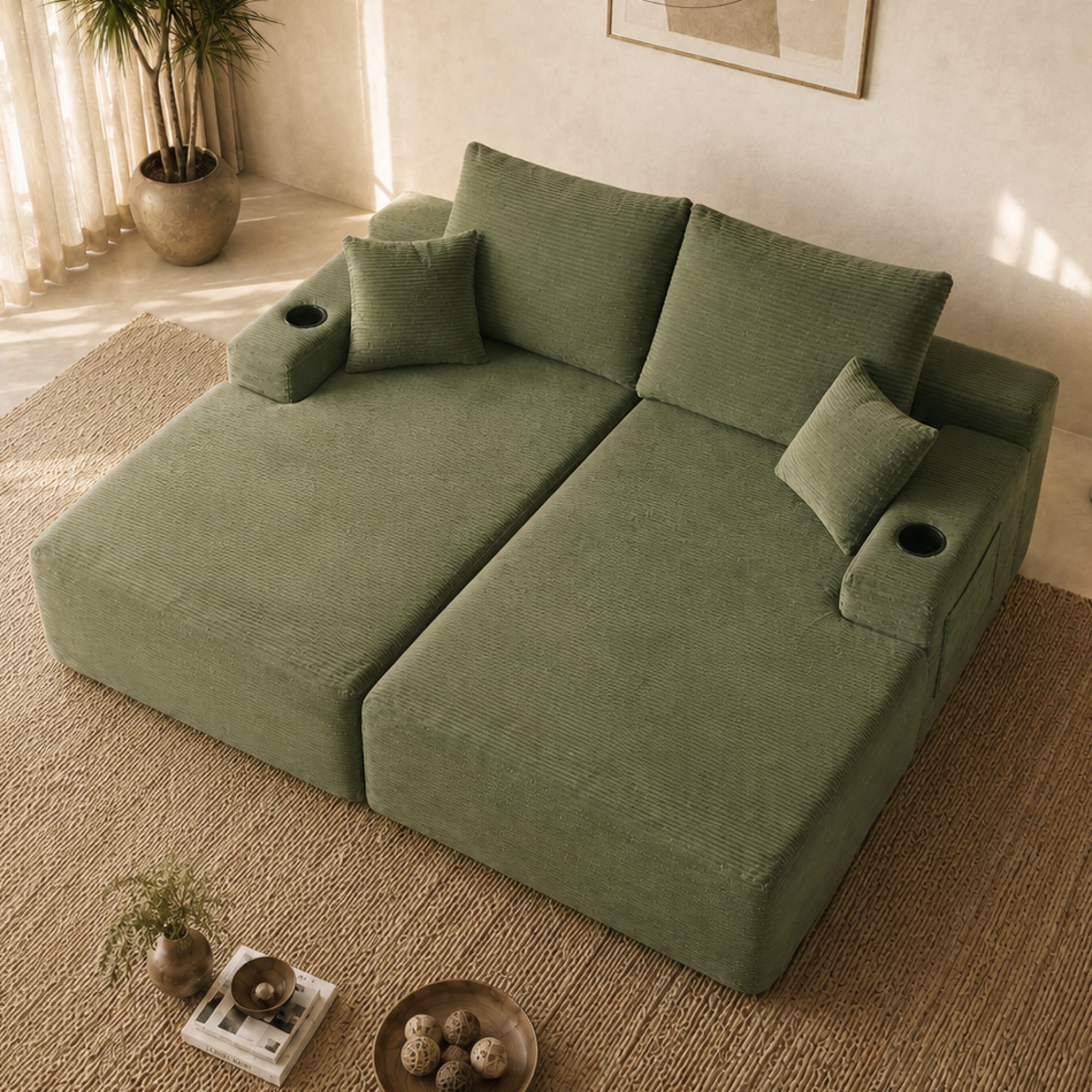 Leumius 69" Cloud Sectional Couch,L-Shape Futon Sofa Bed with R-Shape Chaise with Deep Seat,2 Seater Boneless Couch for Living Room,Green