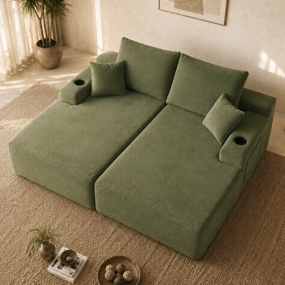 Leumius 69" Cloud Sectional Couch,L-Shape Futon Sofa Bed with R-Shape Chaise with Deep Seat,2 Seater Boneless Couch for Living Room,Green